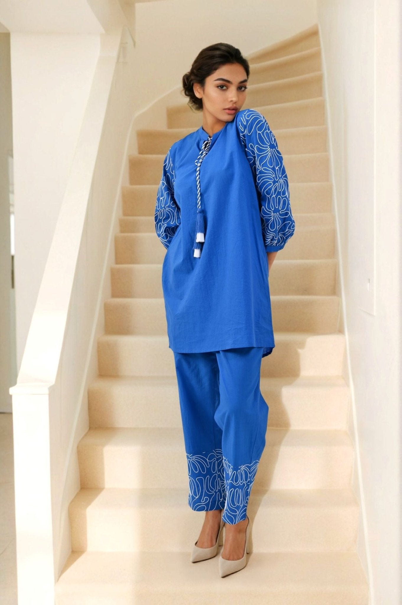 Blue Embroidered Grace Cord Set - Freyaa USA & Canada