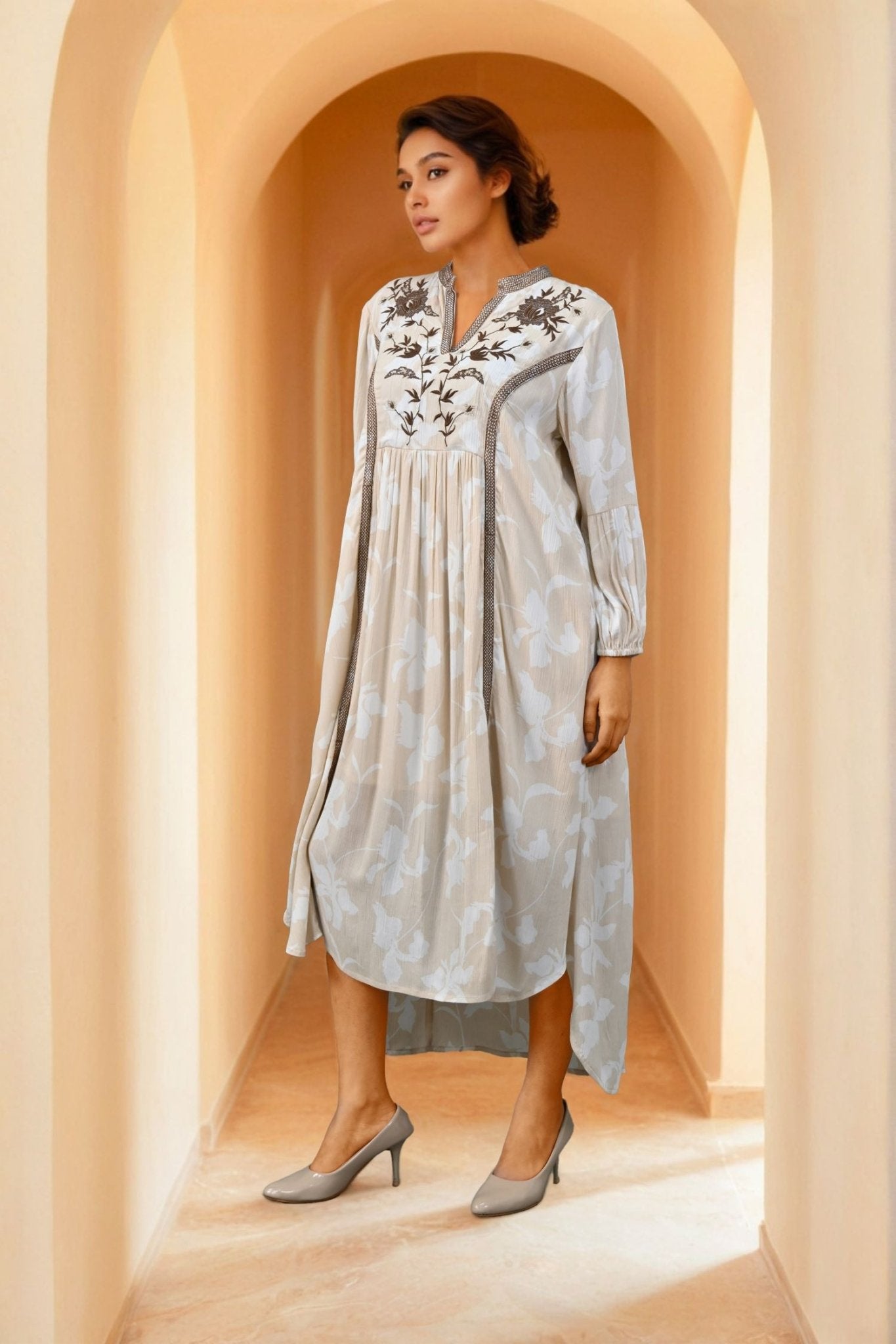 Beige Printed Long Dress - Freyaa USA & Canada