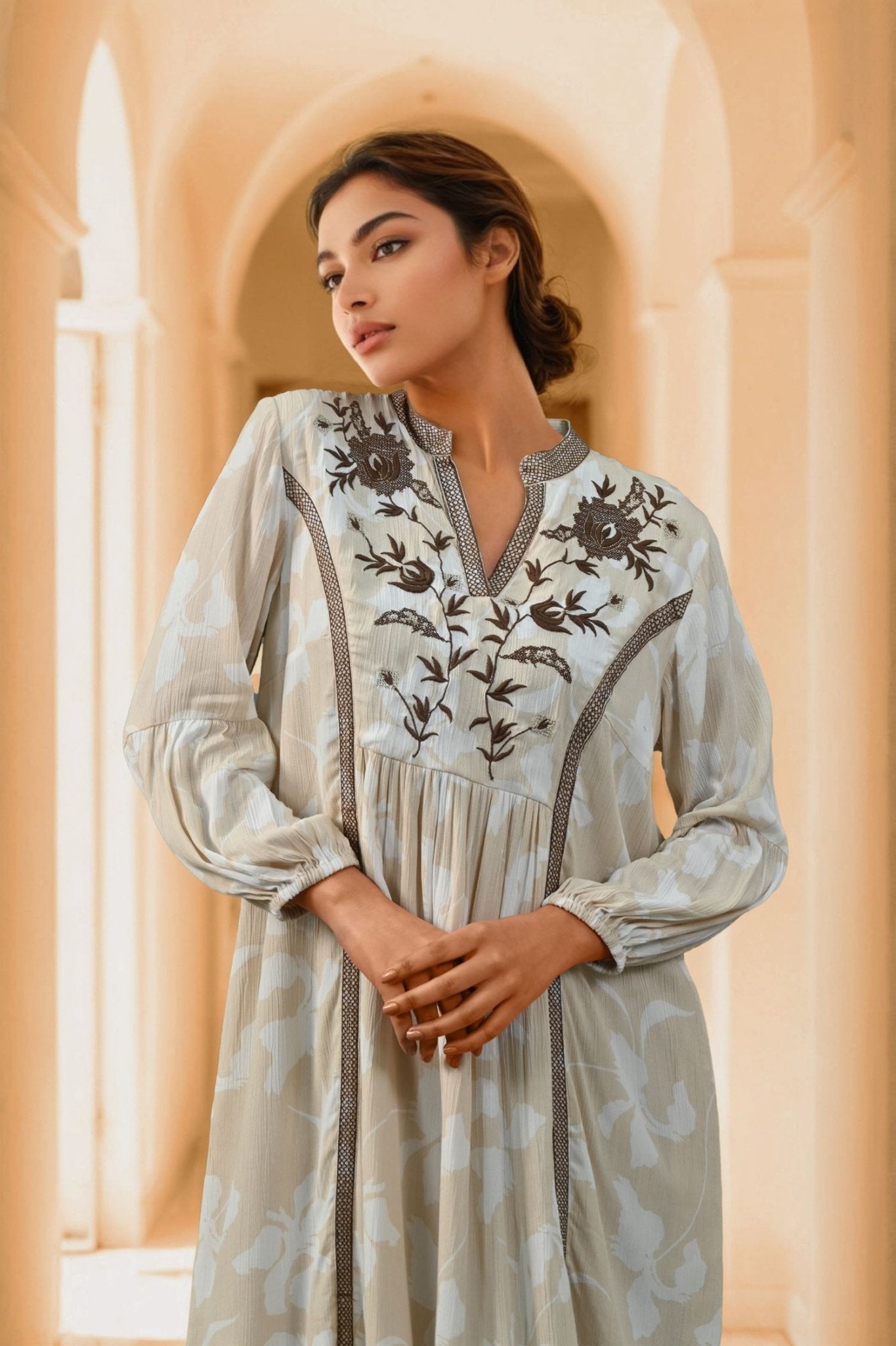 Beige Printed Long Dress - Freyaa USA & Canada