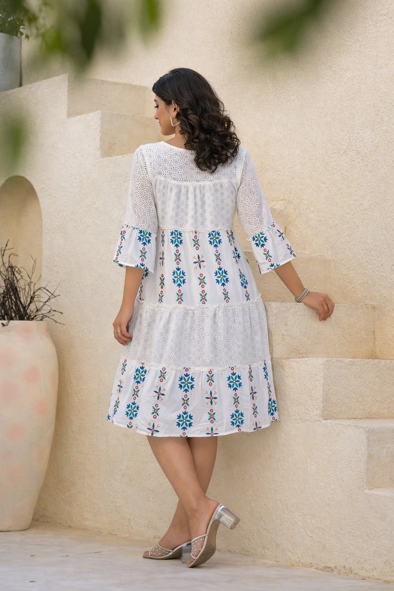 Lily White Knee-Length Printed Dress - Freyaa USA & Canada