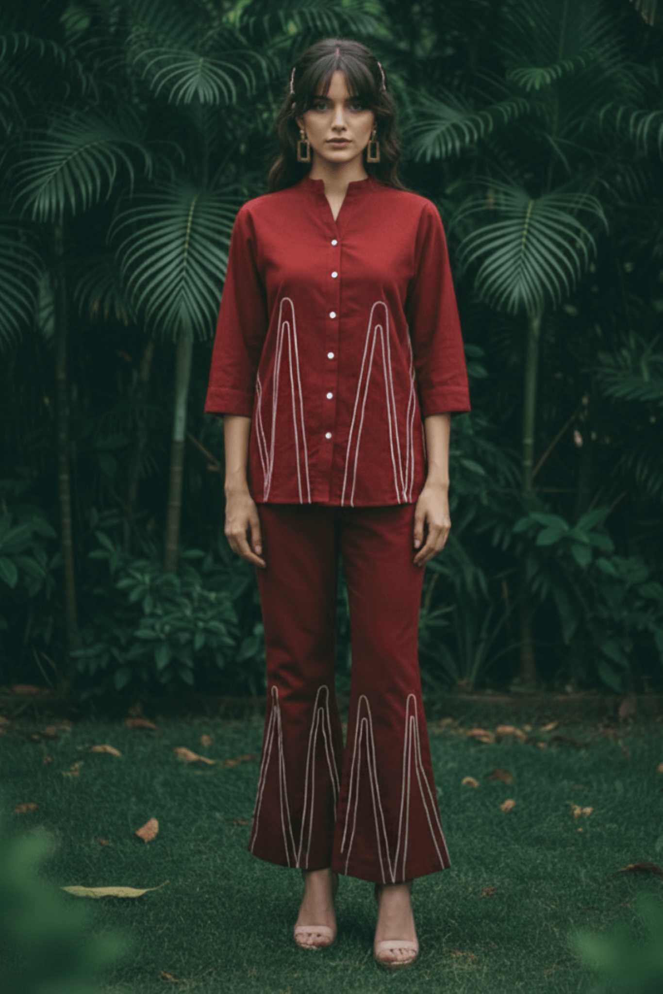 Linen Cotton Maroon Red Relax Fit Cord Set. - Freyaa USA & Canada