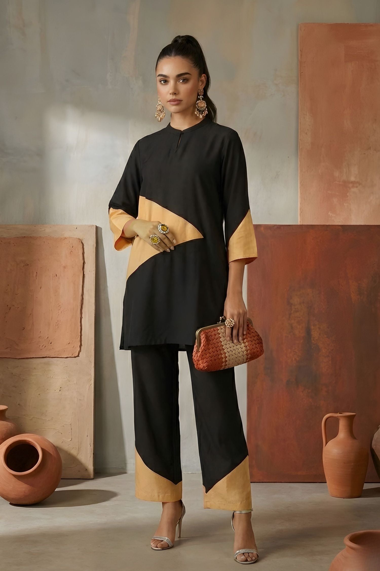 Black & Beige Color-Block Co-Ord Set