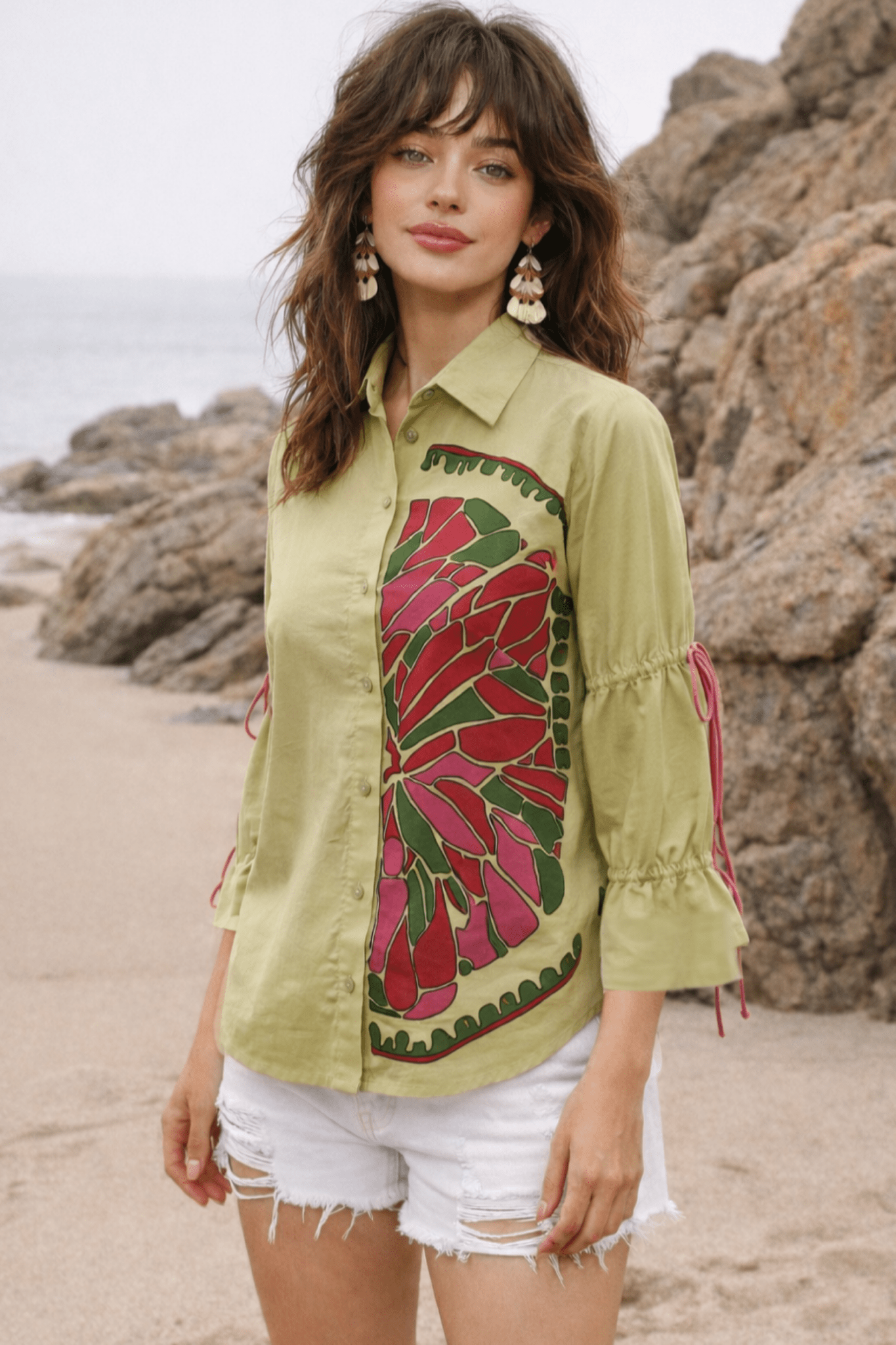 Relaxed Fit Printed Cotton Green Shirt - Freyaa USA & Canada