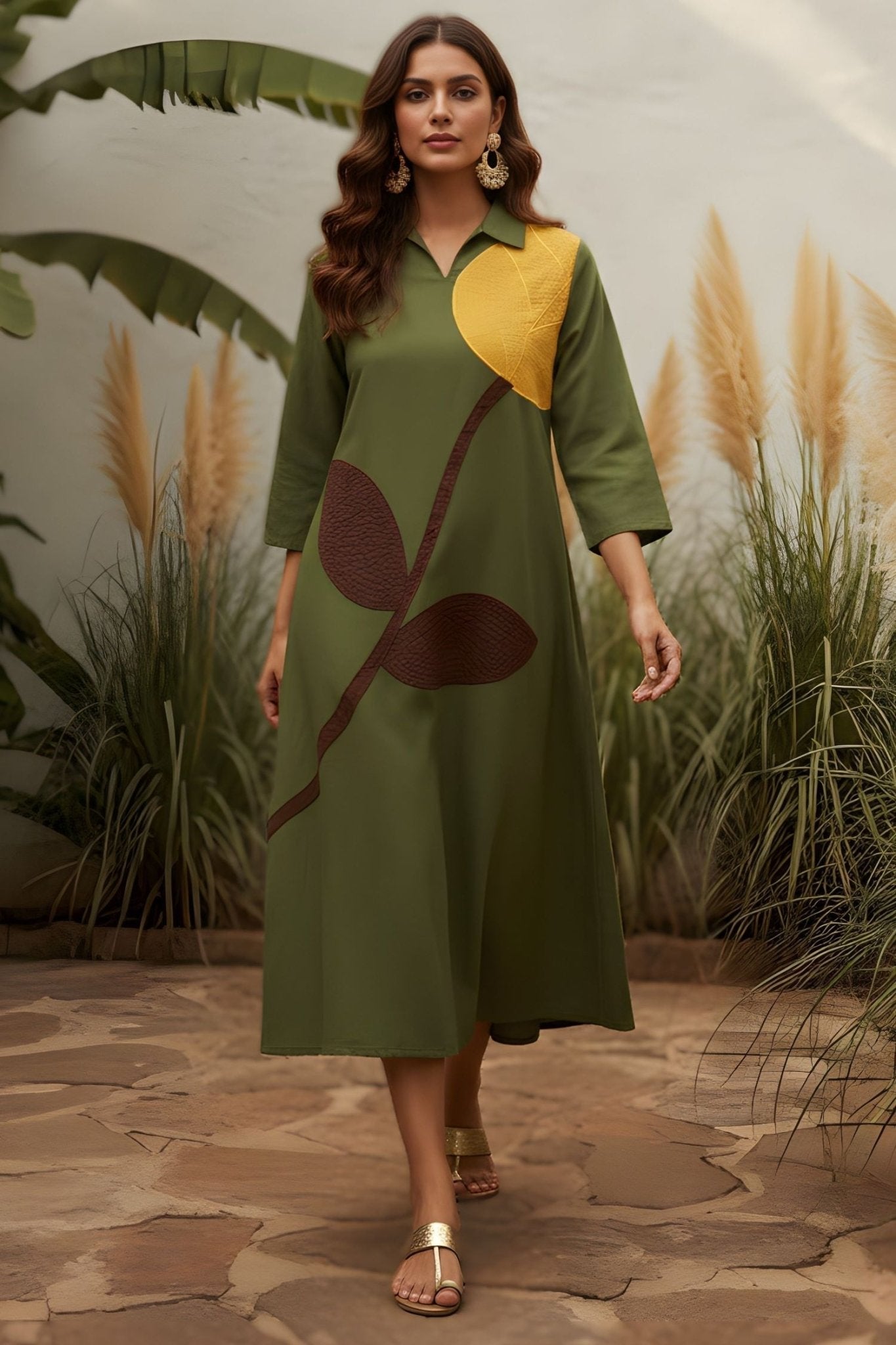 Regular Fit Leaf Green Collar Neck Dress. - Freyaa USA & Canada