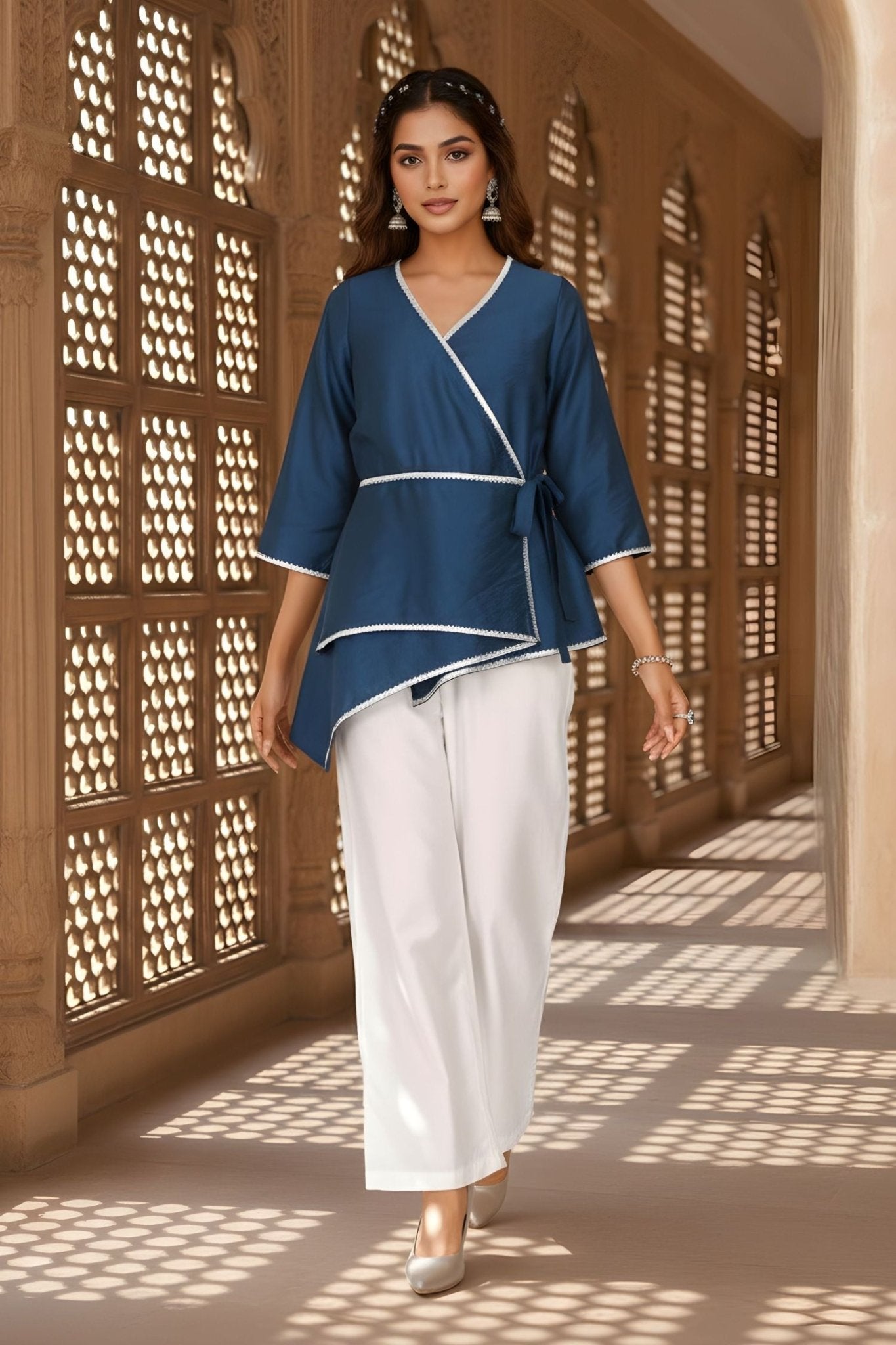 Blue Wrap-Style Asymmetric Top - Freyaa USA & Canada