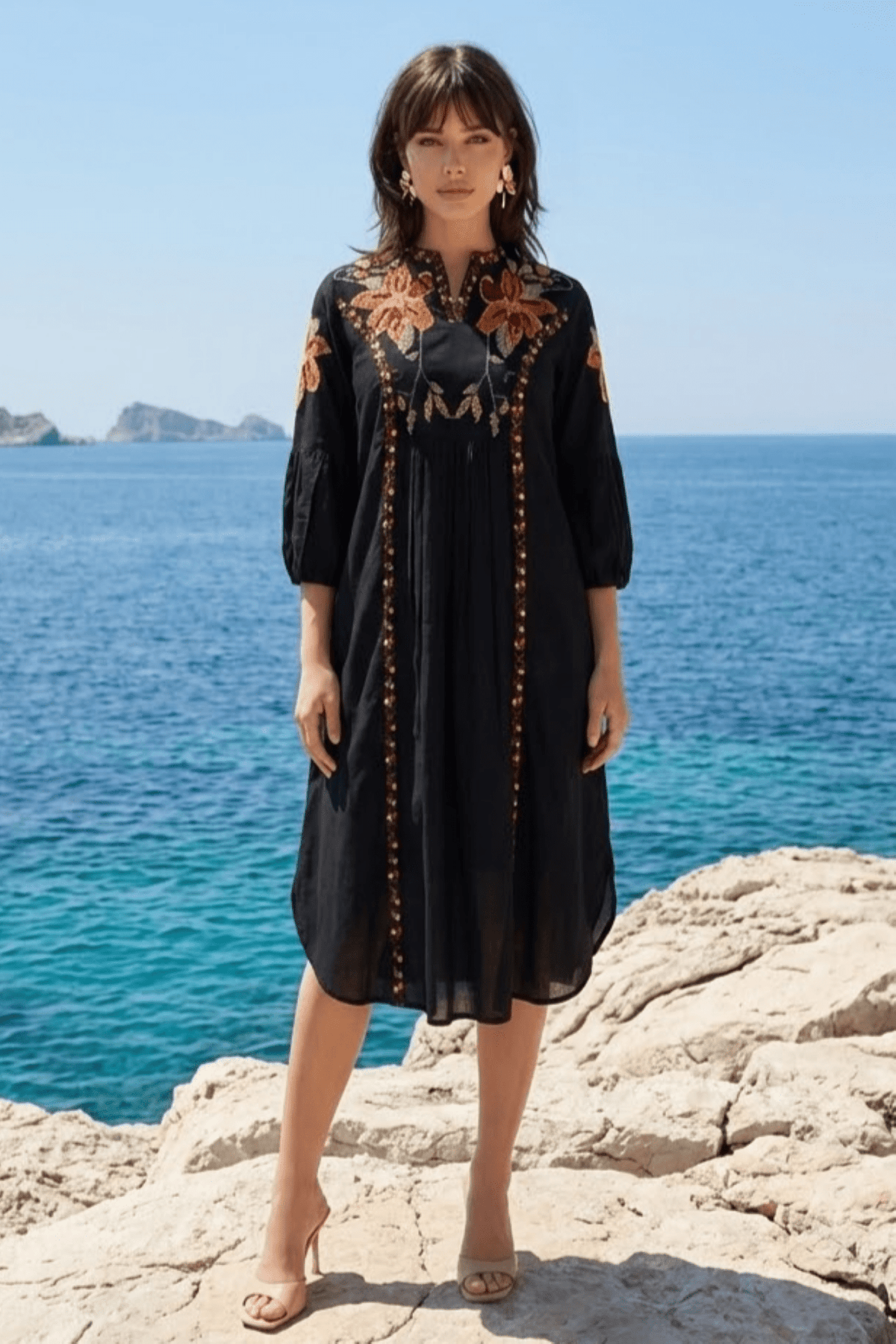 Black Printed Long Dress - Freyaa