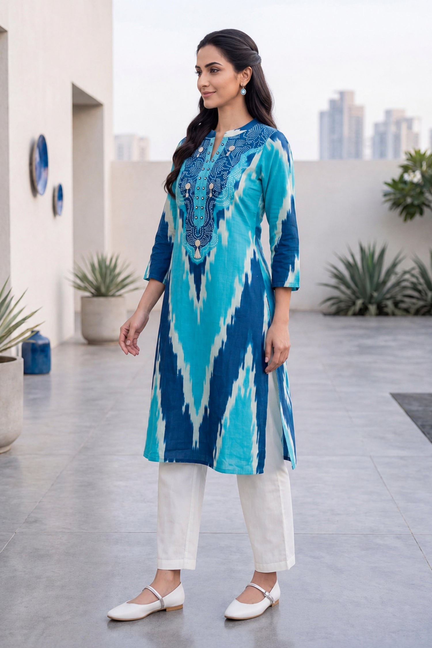 Blue & White Ikat Chevron Print Kurta Set