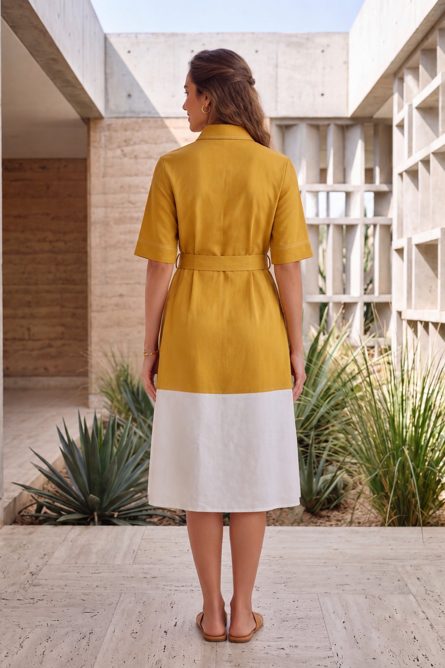 Yellow Ochre Belted & Floral Applique Midi Dress.