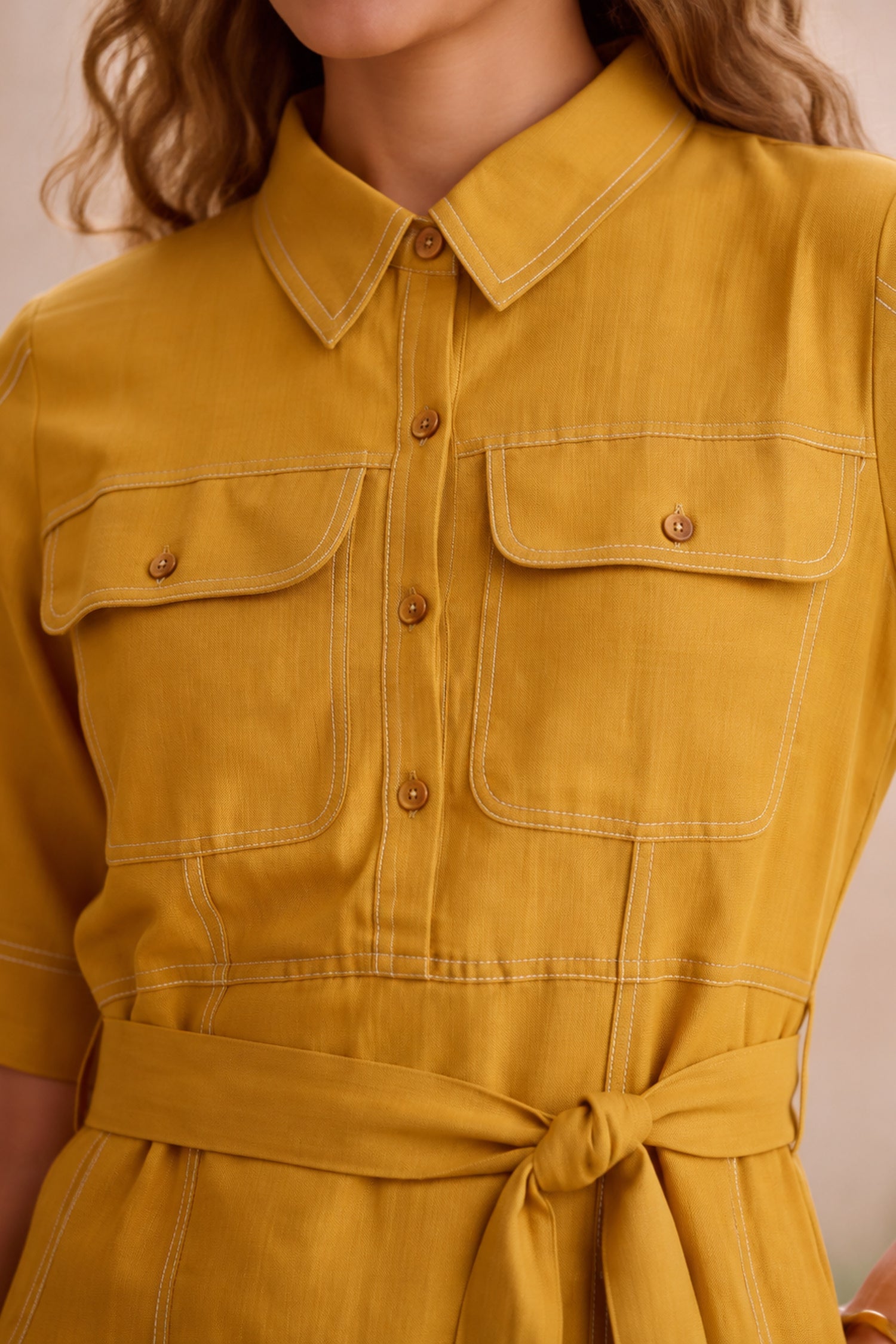 Yellow Ochre Belted & Floral Applique Midi Dress.