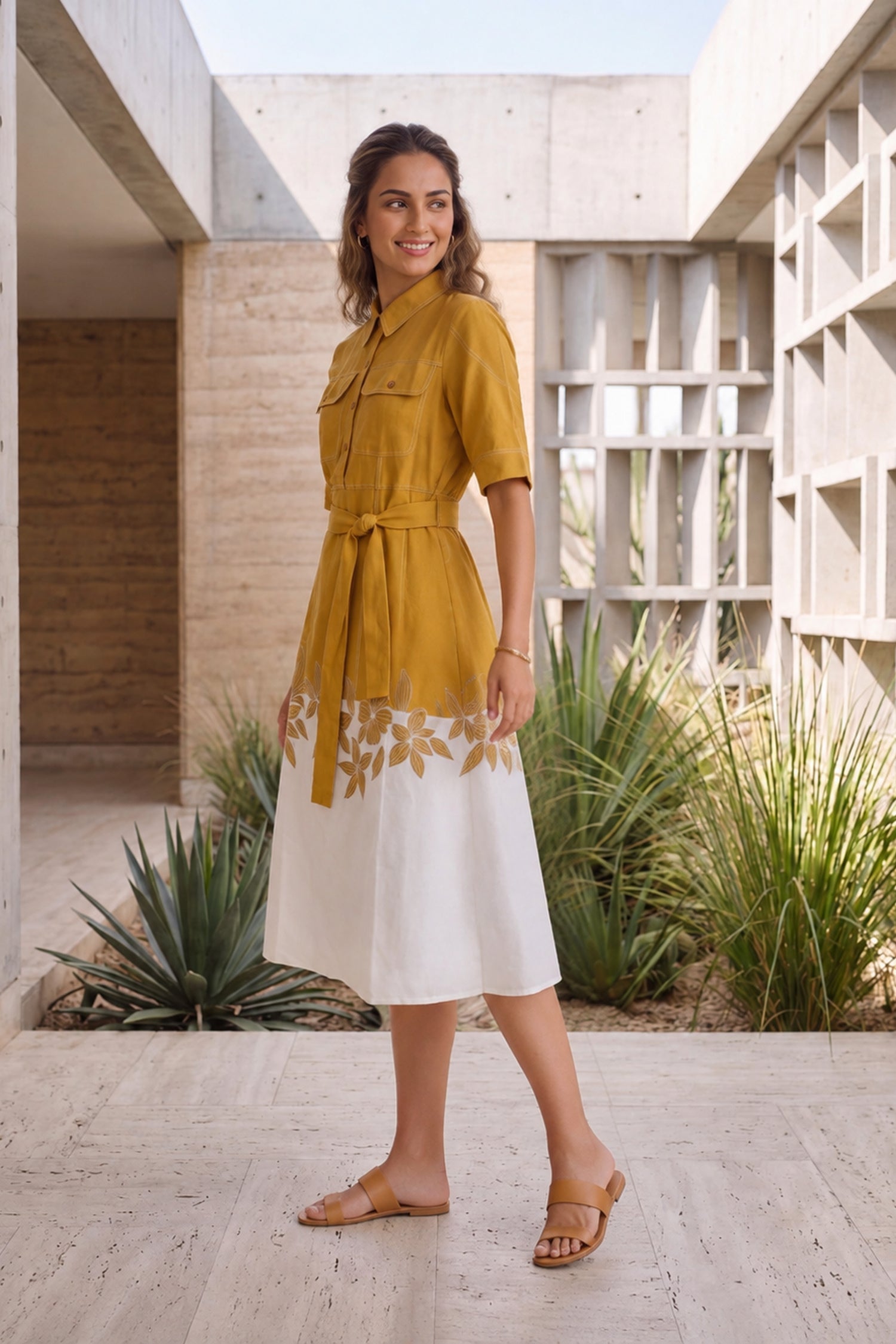 Yellow Ochre Belted & Floral Applique Midi Dress.