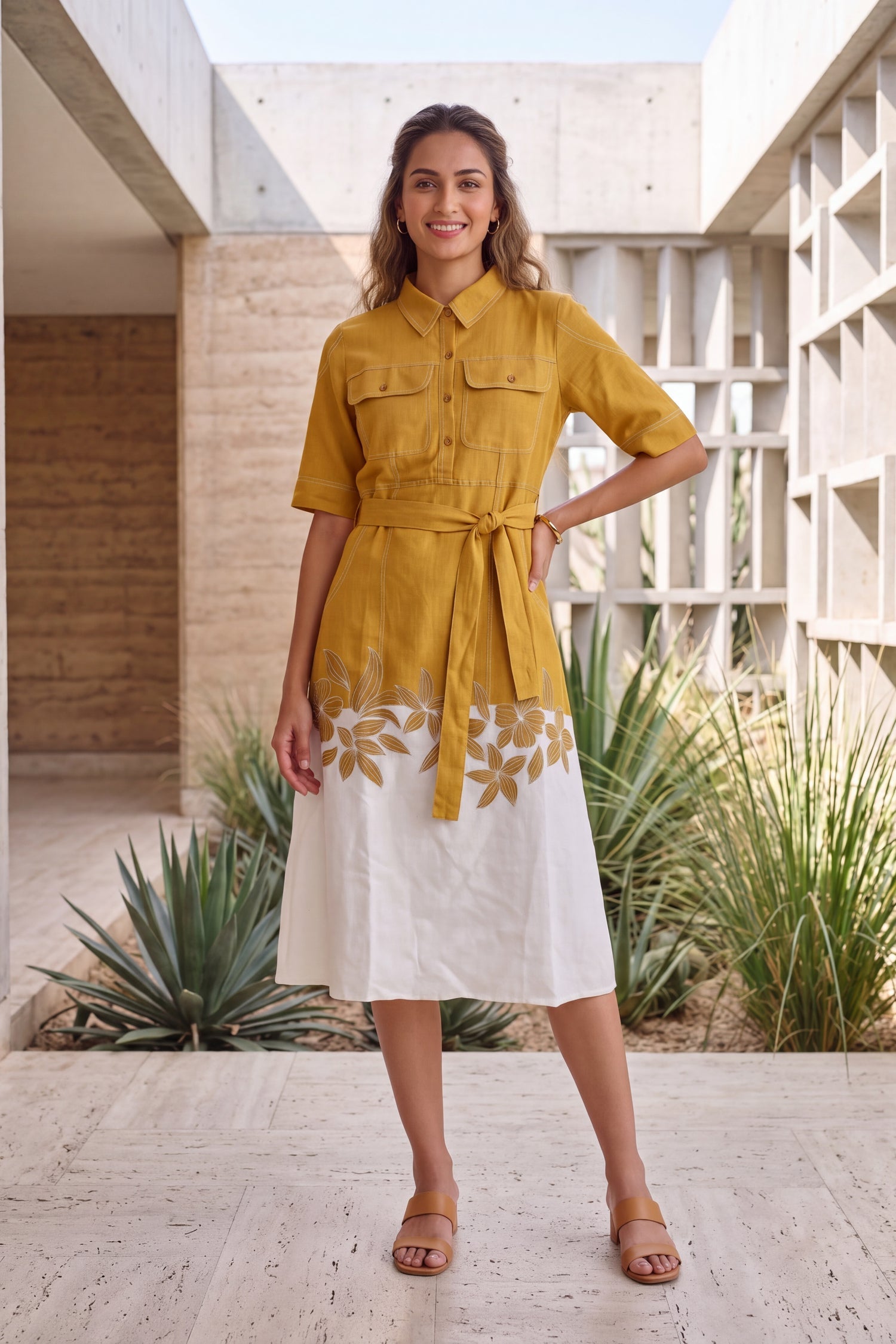 Yellow Ochre Belted & Floral Applique Midi Dress.