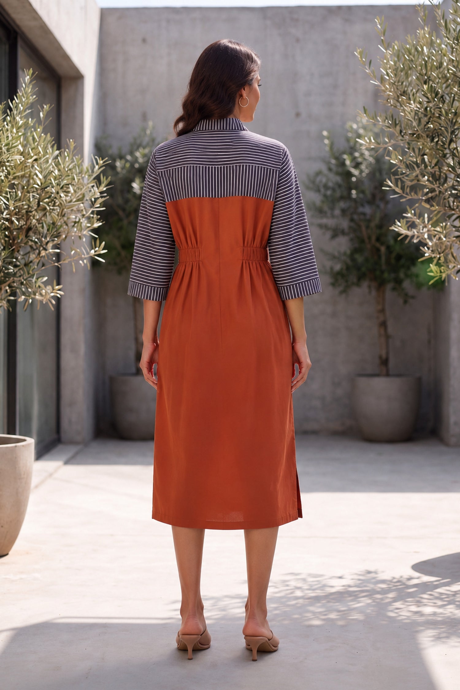 Modern Striped Yoke & Rust Zipper Style Midi Dress