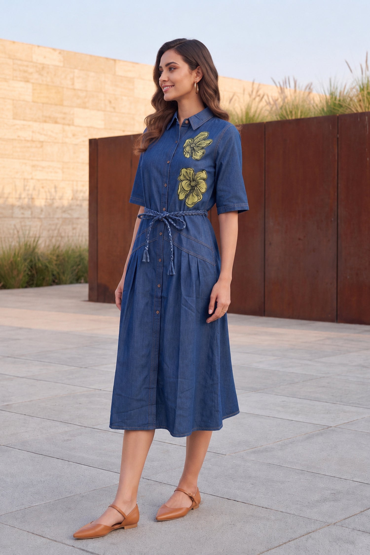 Floral Embroidered Denim Midi Shirt Dress