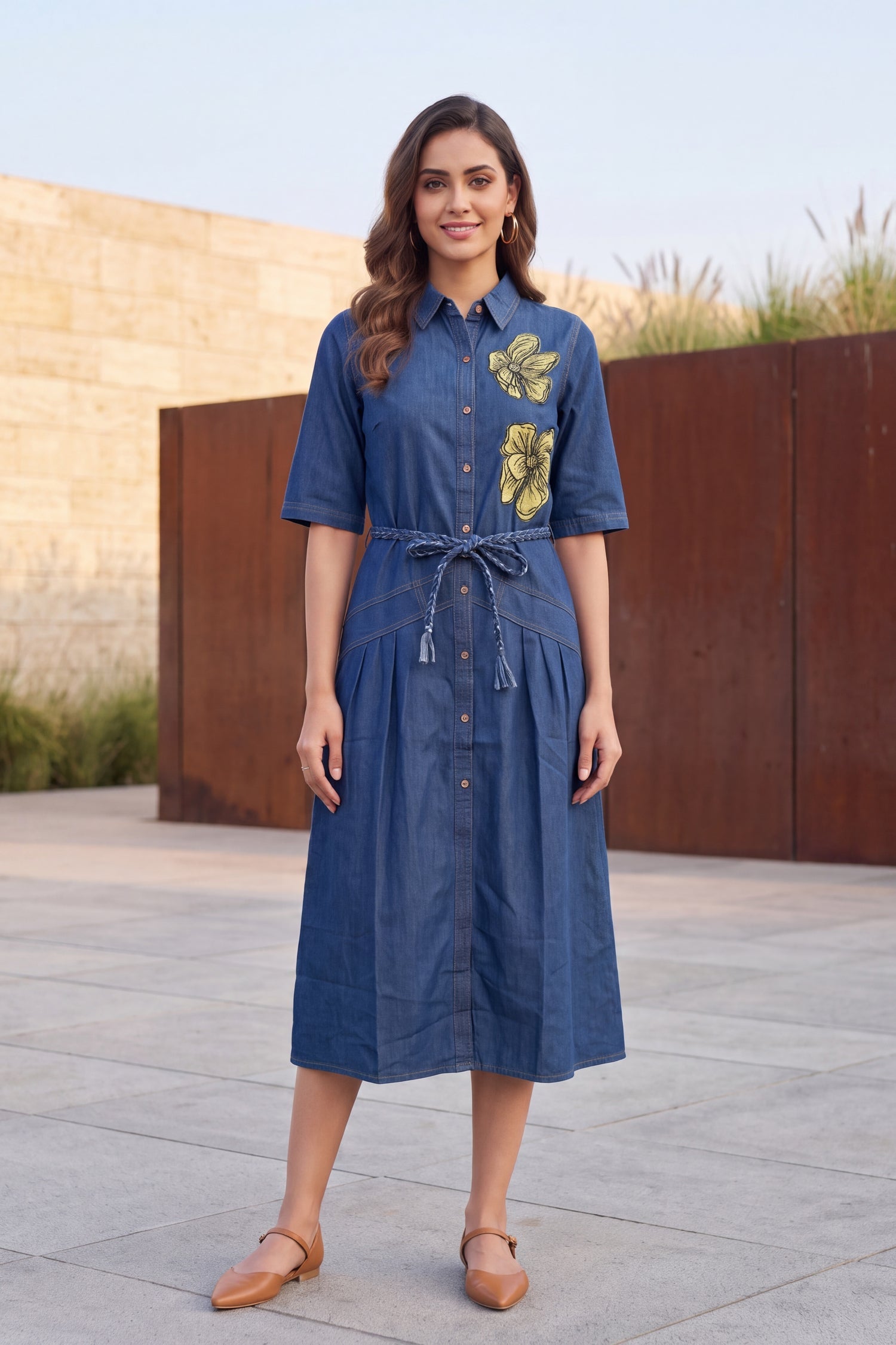 Floral Embroidered Denim Midi Shirt Dress