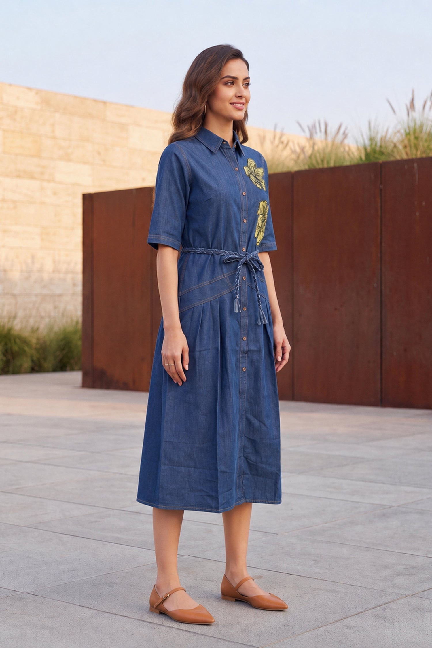 Floral Embroidered Denim Midi Shirt Dress