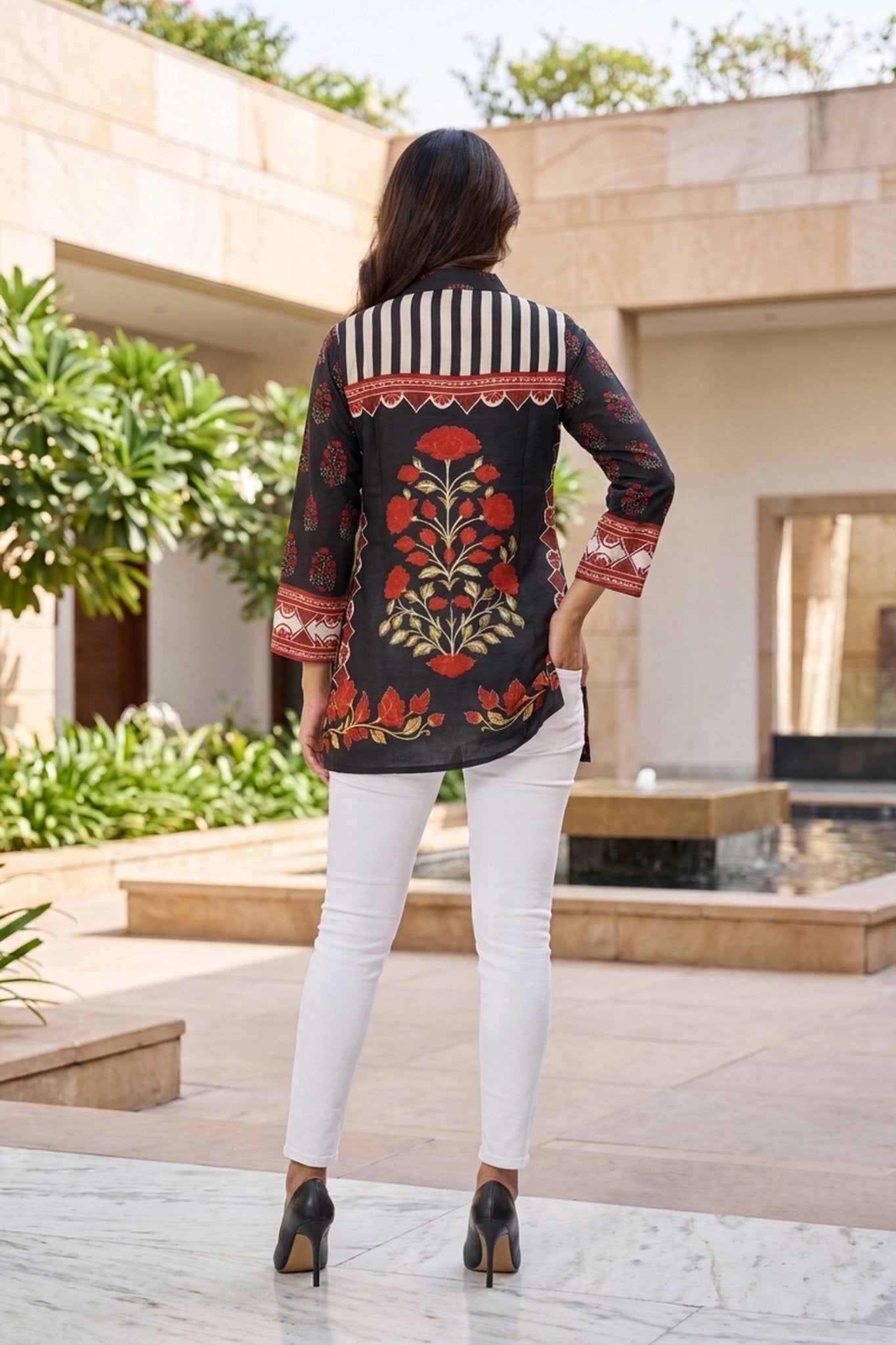 Navy Blue & Floral Printed Crepe Top - Freyaa USA & Canada
