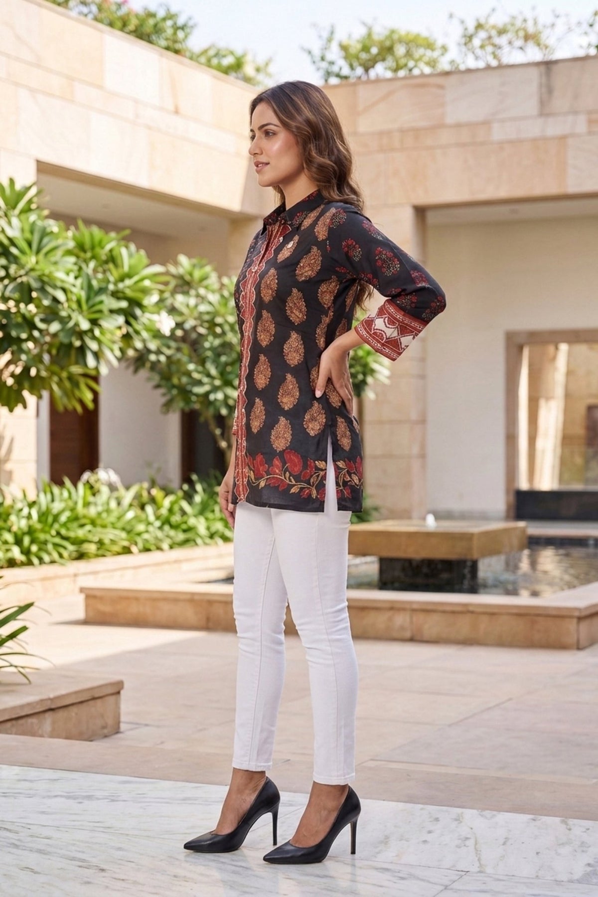 Navy Blue & Floral Printed Crepe Top - Freyaa USA & Canada