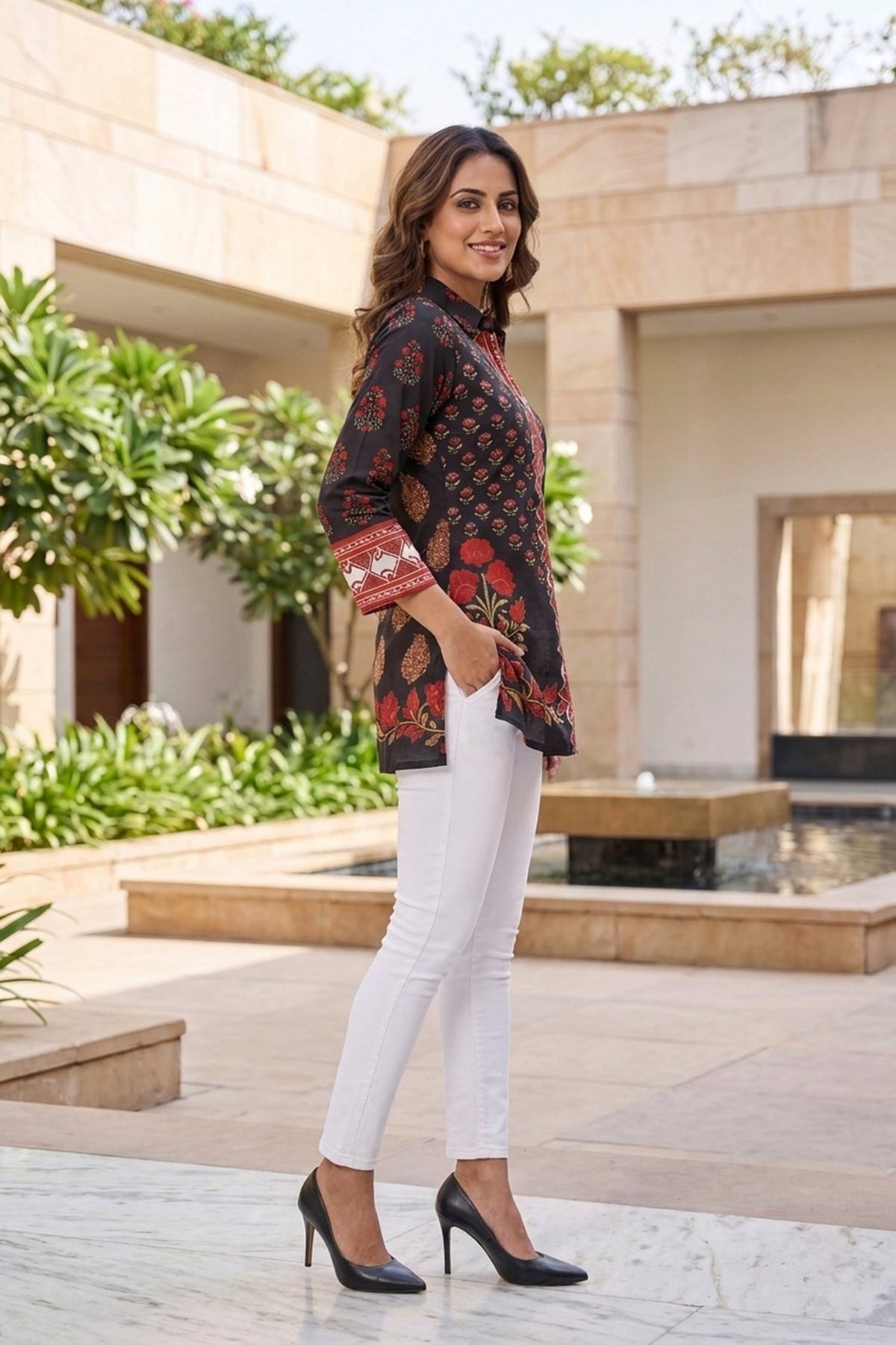 Navy Blue & Floral Printed Crepe Top - Freyaa USA & Canada