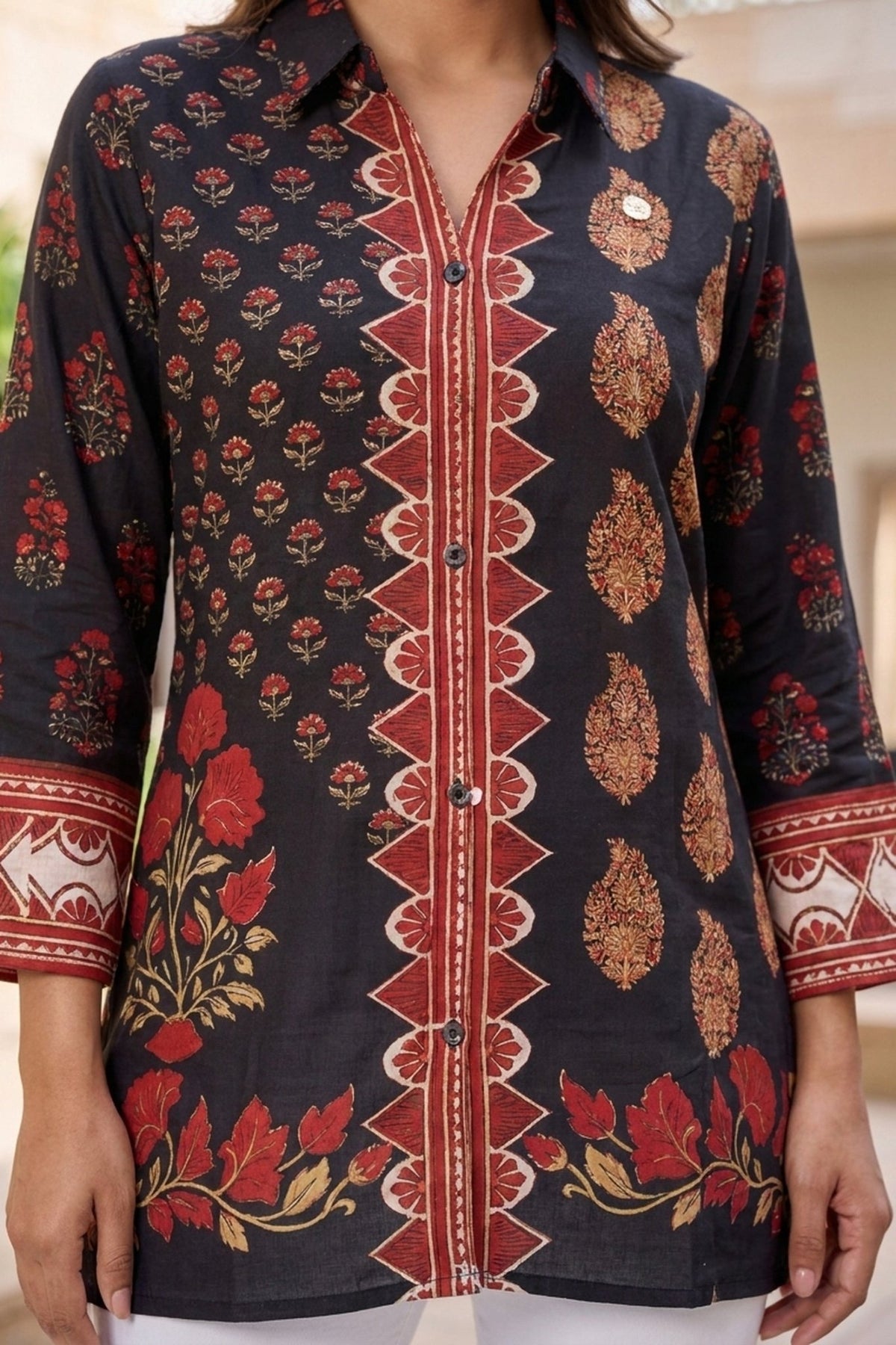 Navy Blue & Floral Printed Crepe Top - Freyaa USA & Canada