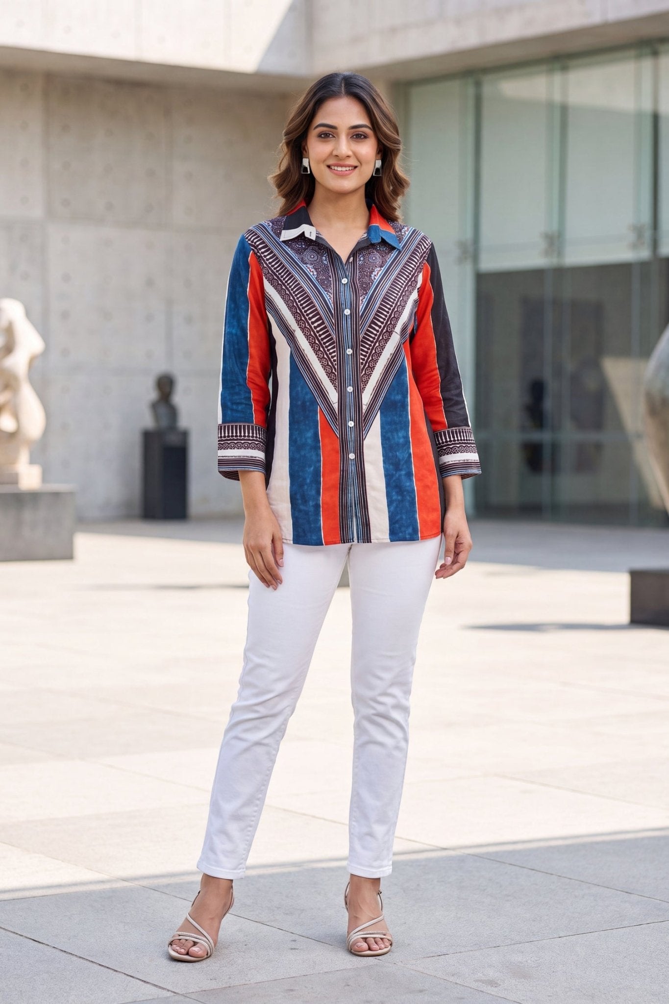 Multicolor Striped Geometric Crepe Shirt Top - Freyaa USA & Canada