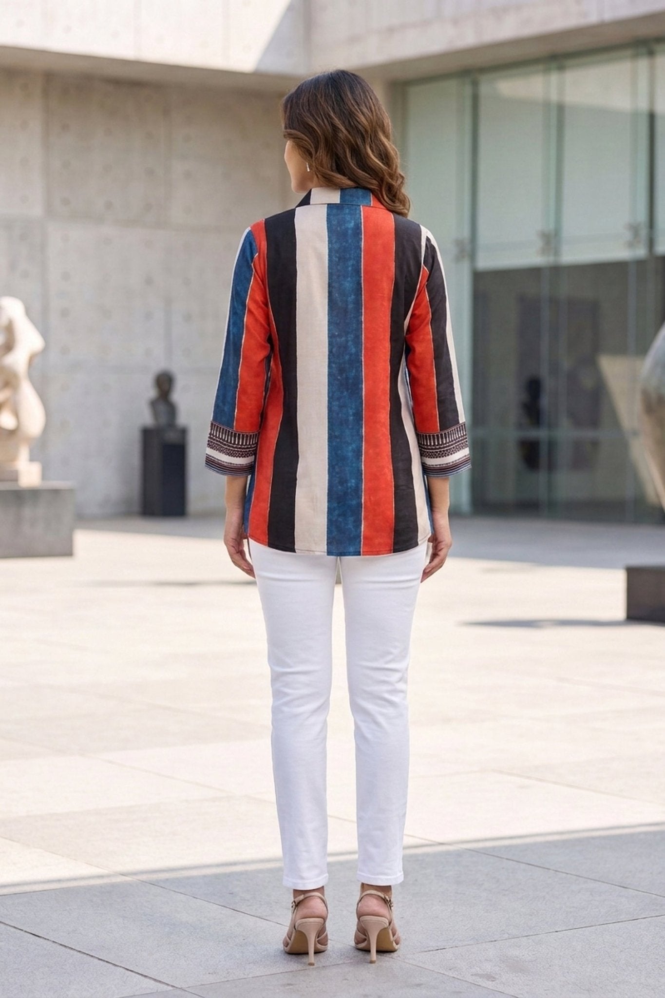 Multicolor Striped Geometric Crepe Shirt Top - Freyaa USA & Canada