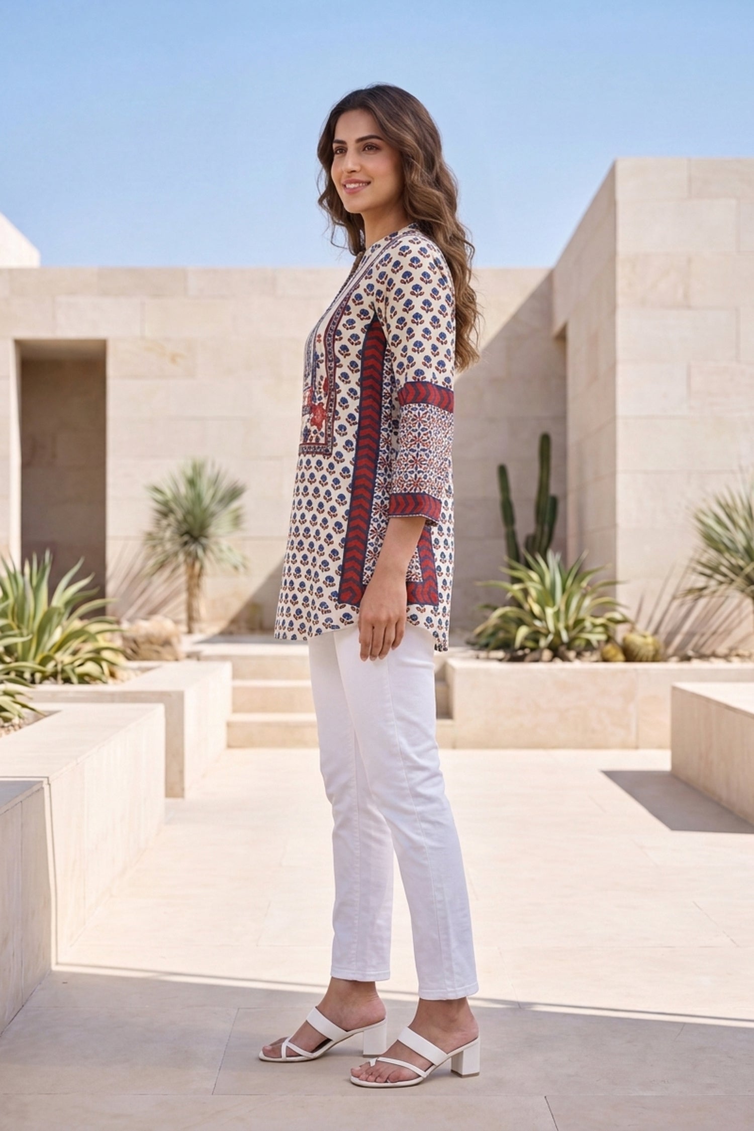 White Floral Block-Print Crepe Top