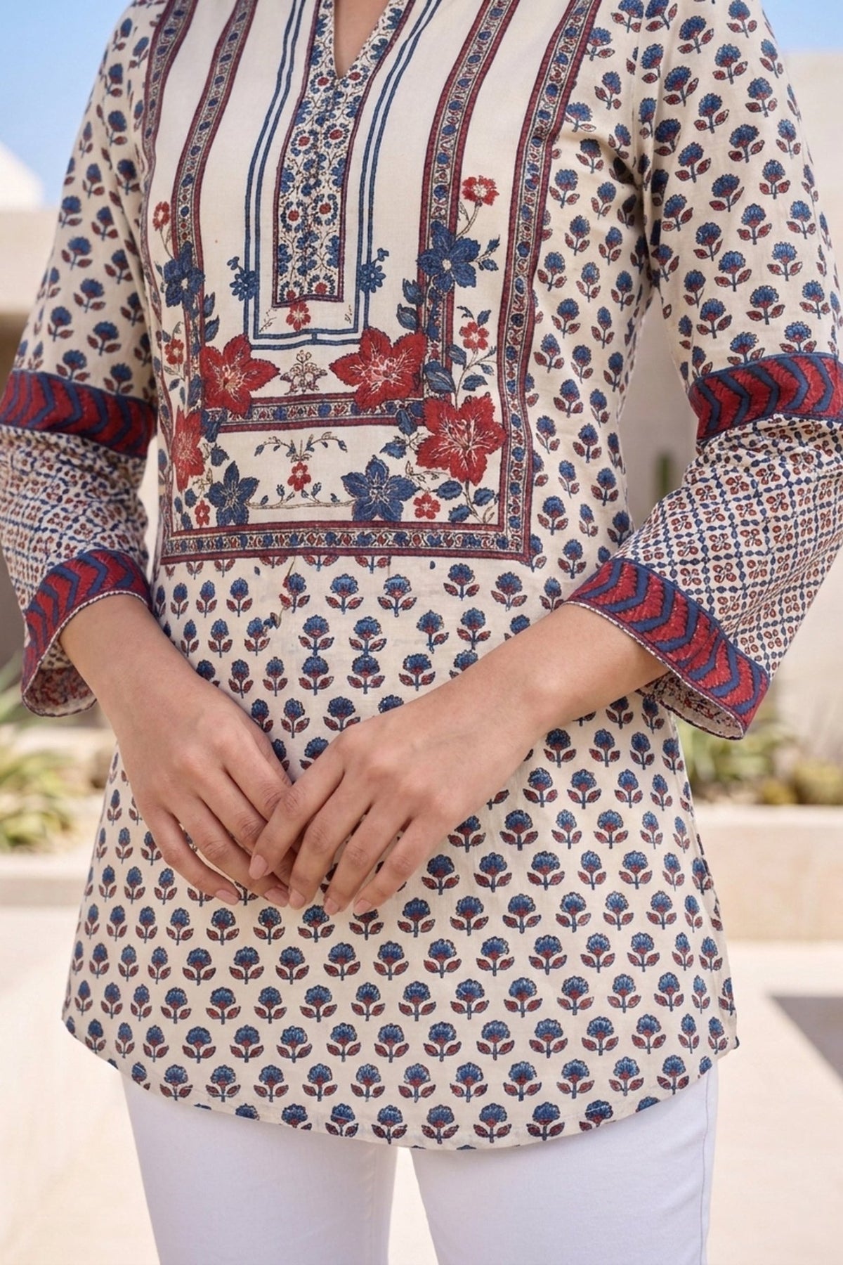 White Floral Block-Print Crepe Top - Freyaa USA & Canada