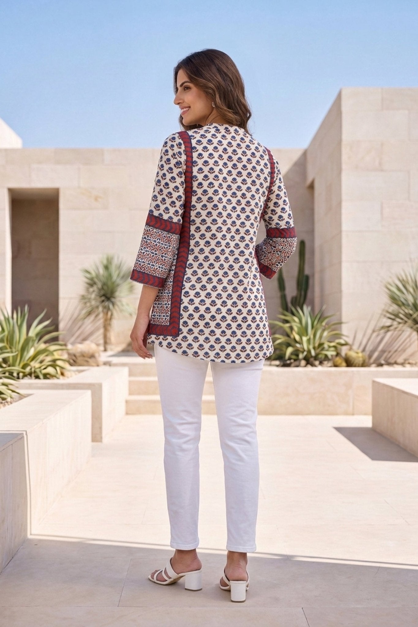 White Floral Block-Print Crepe Top - Freyaa USA & Canada