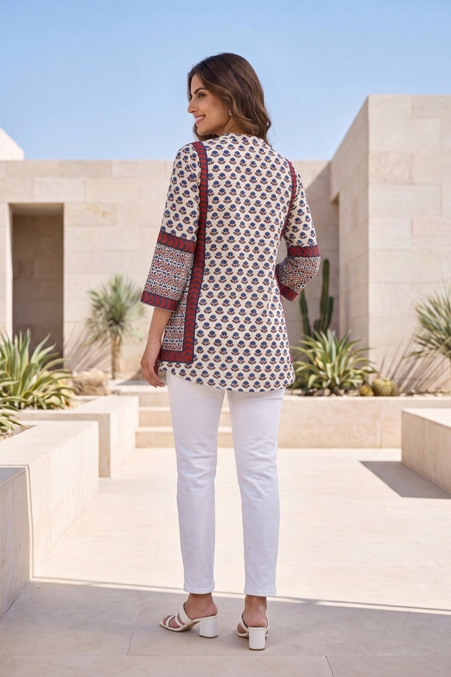 White Floral Block-Print Crepe Top