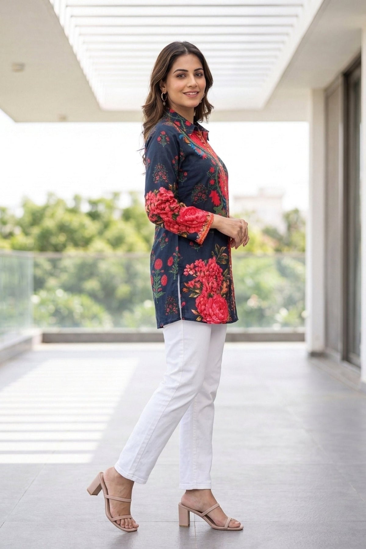 Navy Blue Floral Crepe Shirt Top - Freyaa USA & Canada