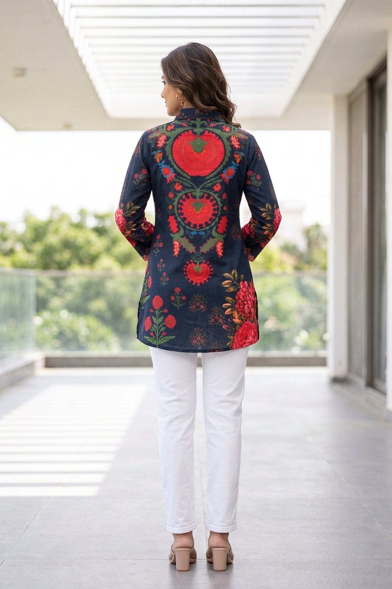 Navy Blue Floral Crepe Shirt Top