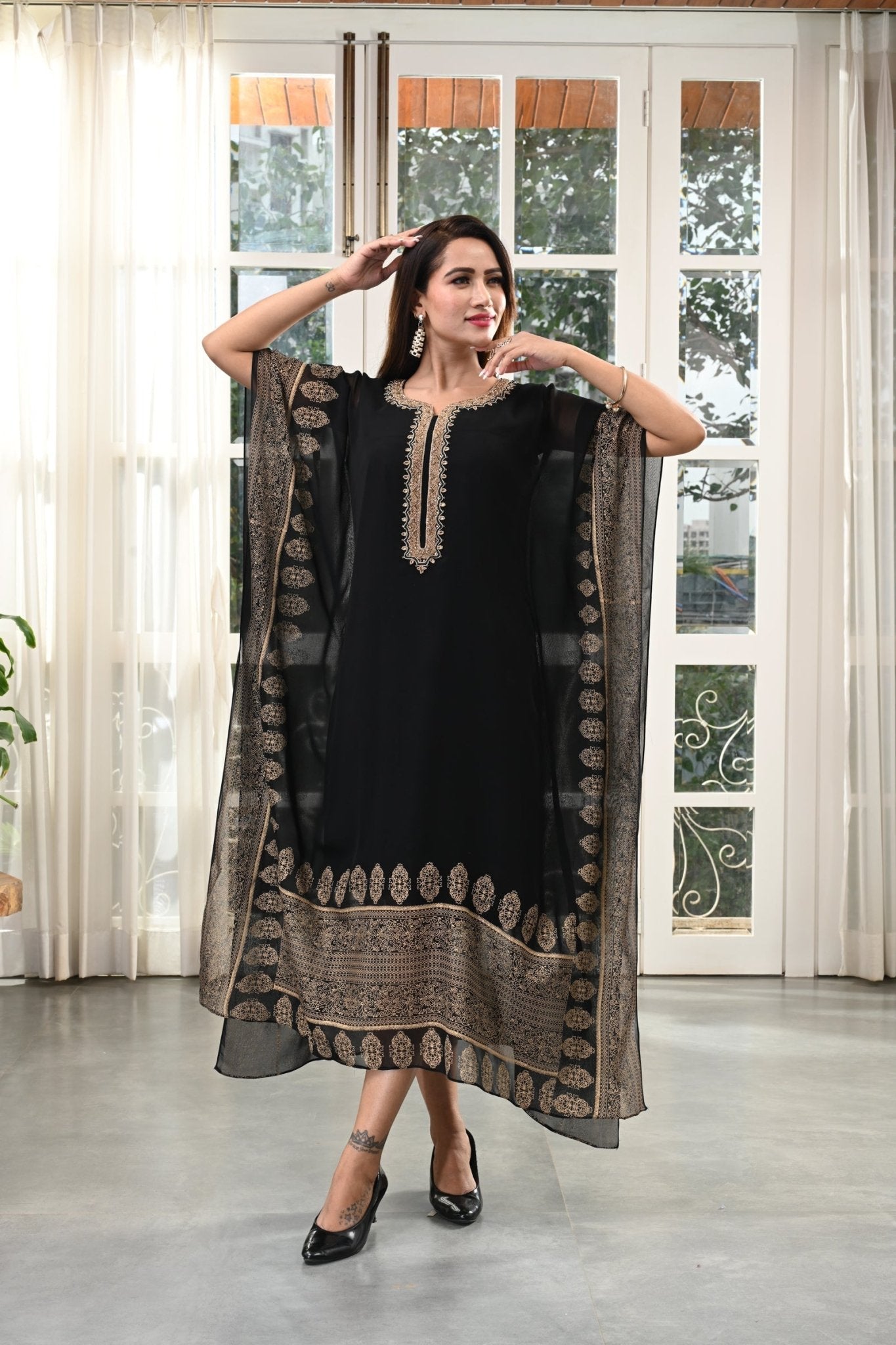 Gold Hand Embroidery Black Kaftan - Freyaa USA & Canada