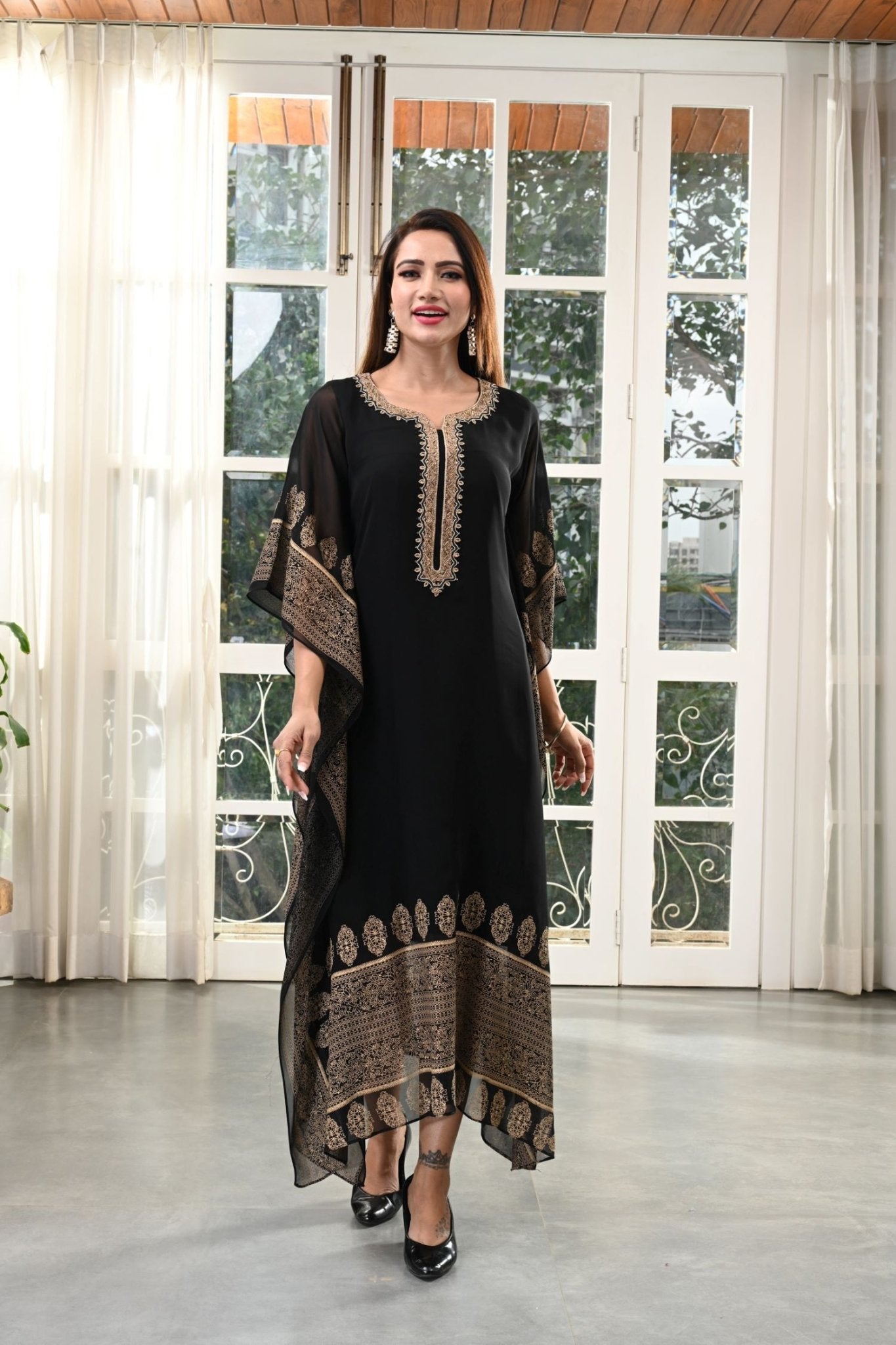 Gold Hand Embroidery Black Kaftan - Freyaa USA & Canada