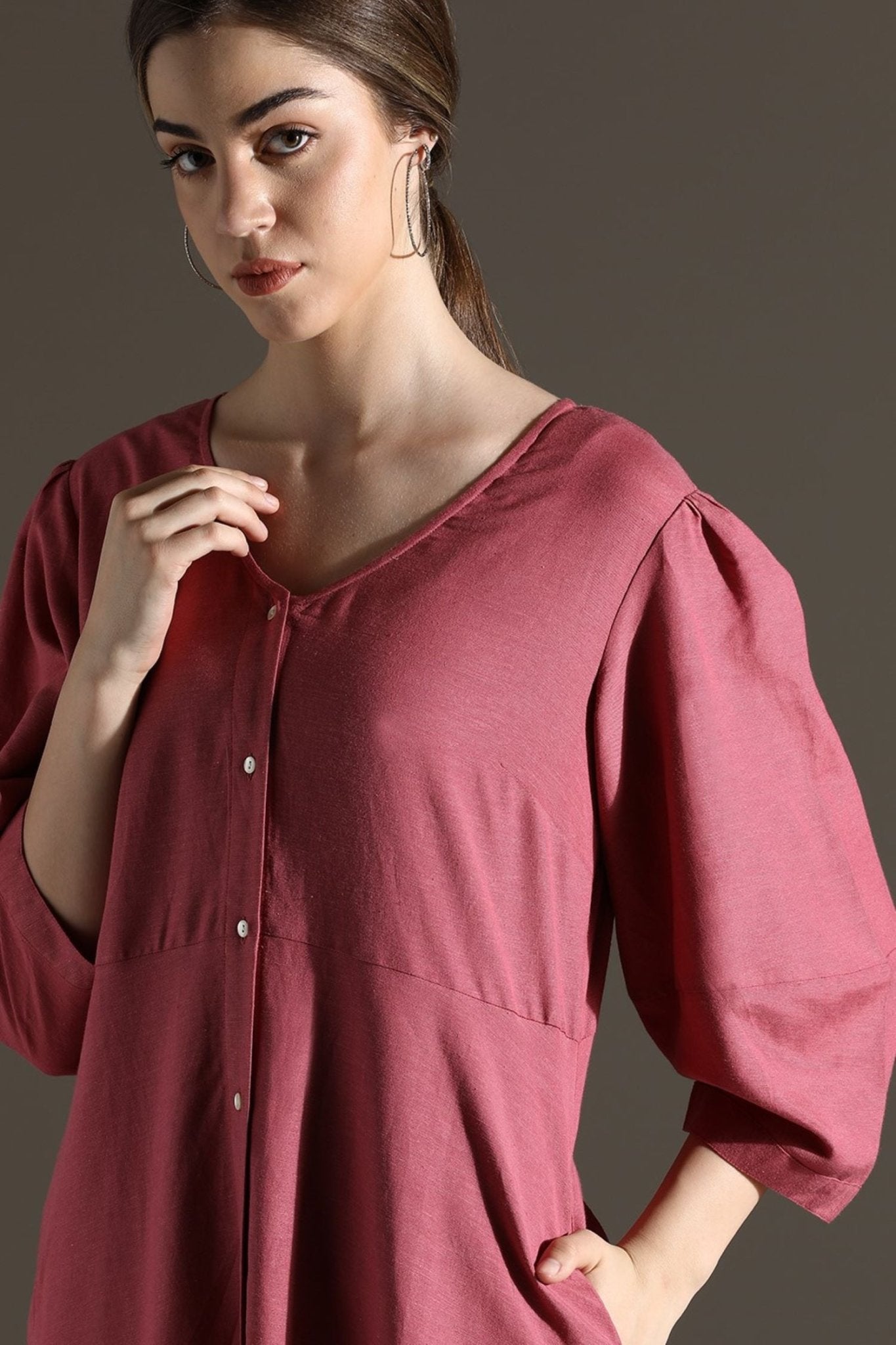 Graceful Pink Buttoned Midi Dress - Freyaa USA & Canada