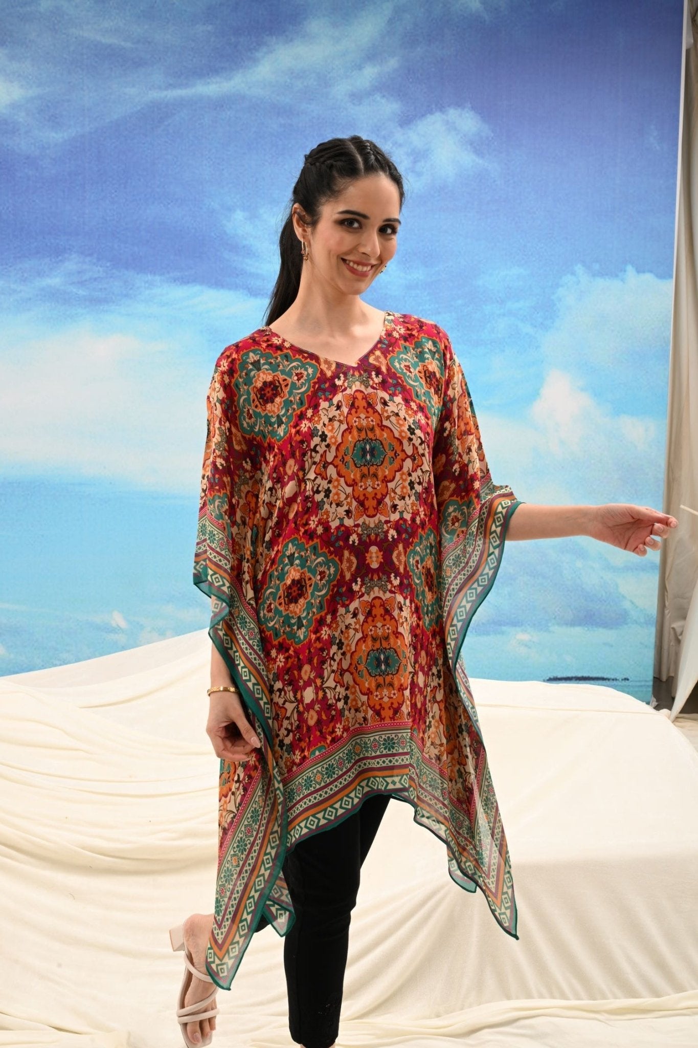 Freyaa Multicolor Printed Short Kaftan for Women - Freyaa USA & Canada