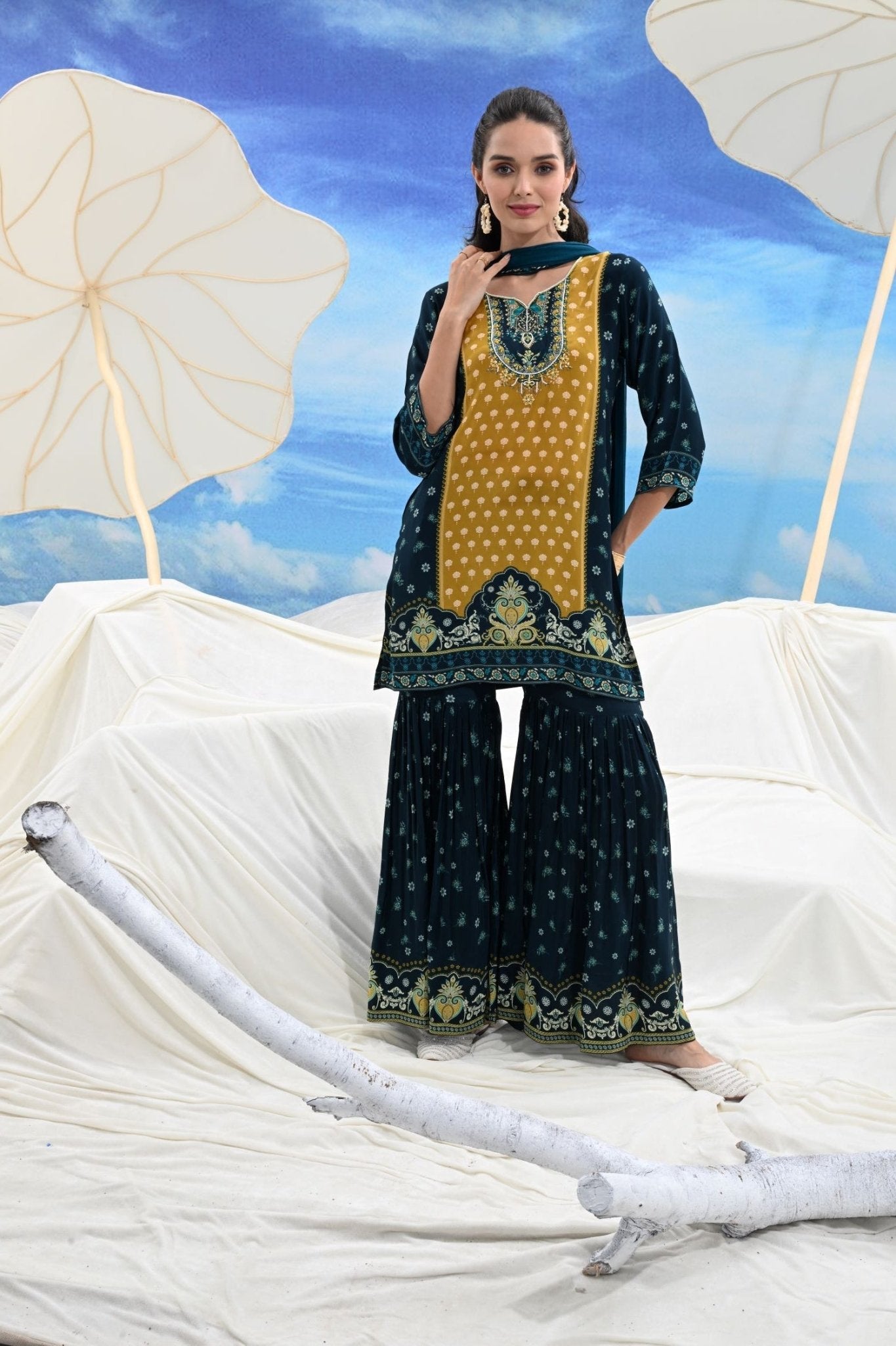 Crepe Pleated Sharara Three-Piece - Freyaa USA & Canada