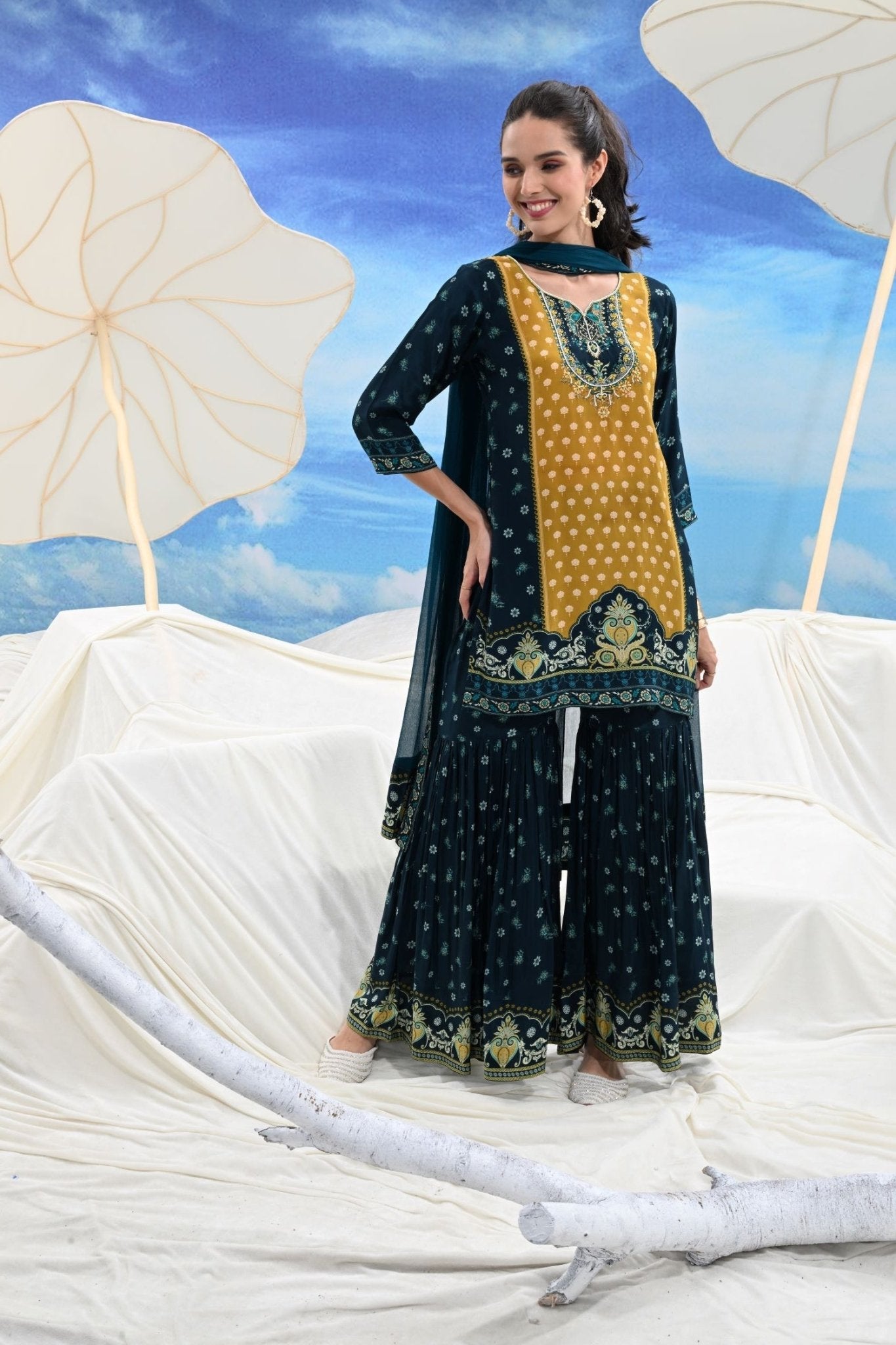 Crepe Pleated Sharara Three-Piece - Freyaa USA & Canada
