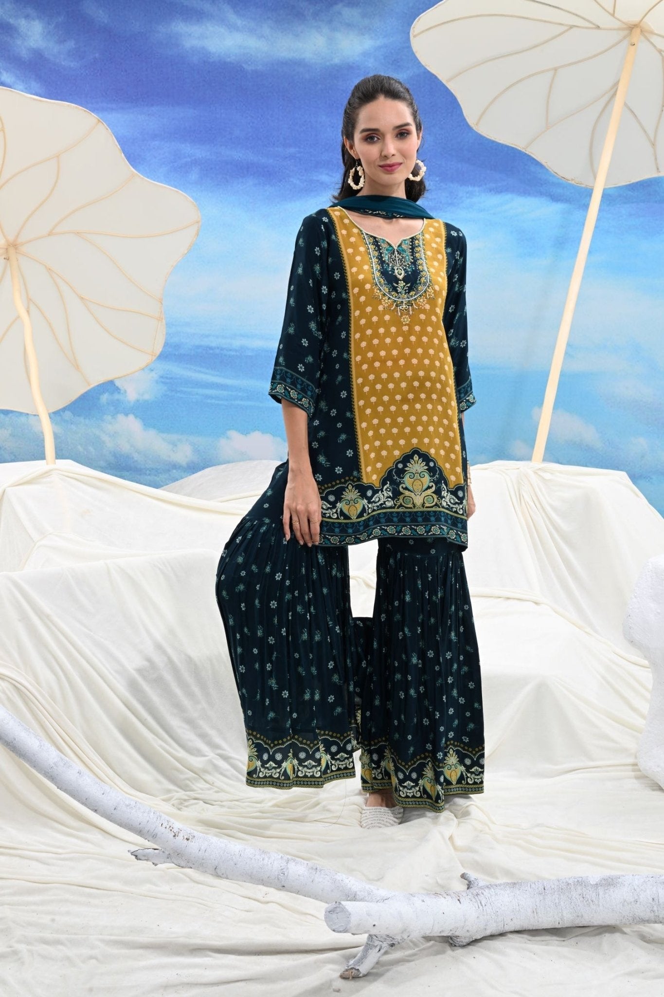 Crepe Pleated Sharara Three-Piece - Freyaa USA & Canada
