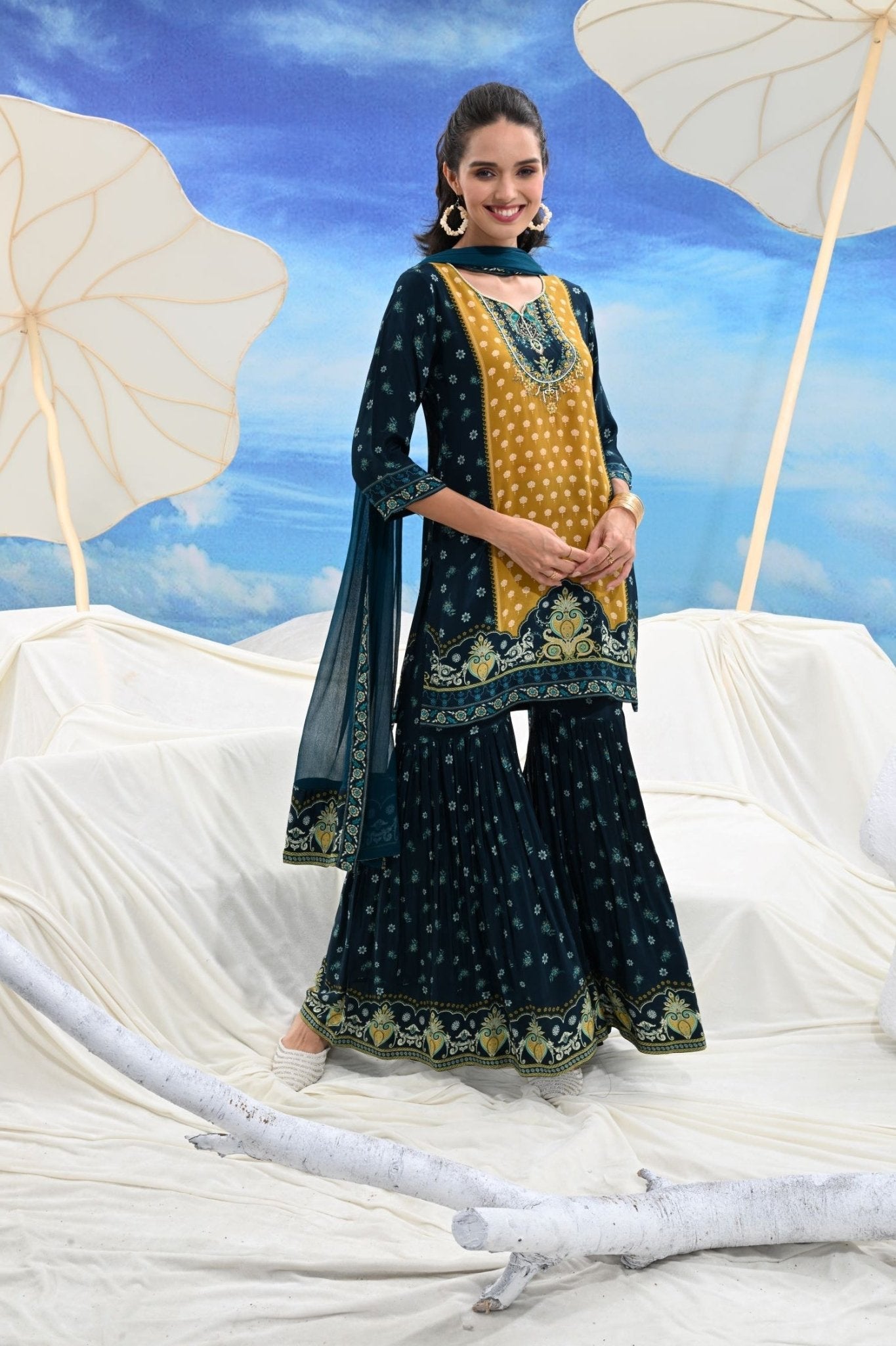 Crepe Pleated Sharara Three-Piece - Freyaa USA & Canada