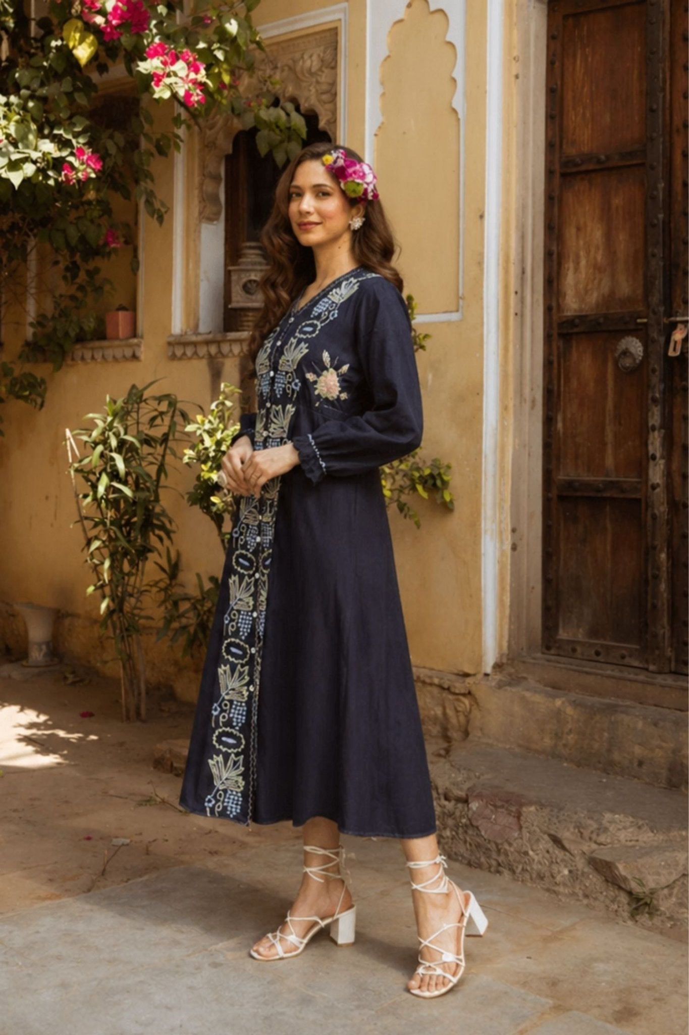 Navy Blue Grace Hand Embroidery Long Dress - Freyaa USA & Canada