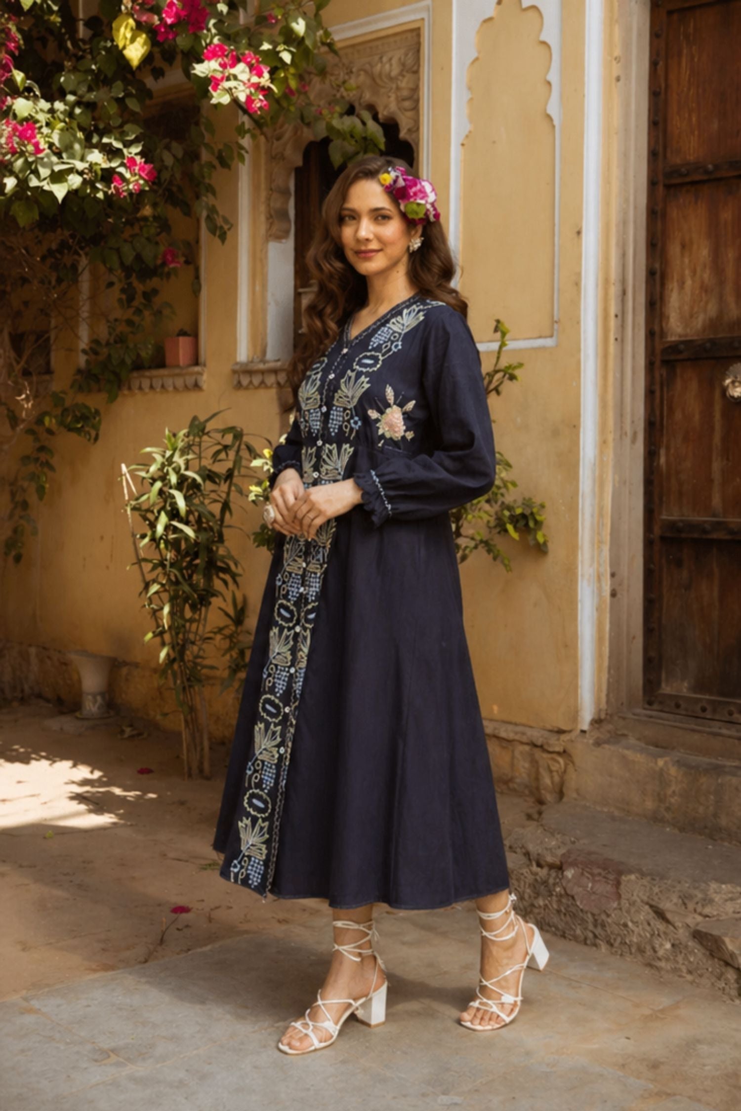 Navy Blue Grace Hand Embroidery Long Dress