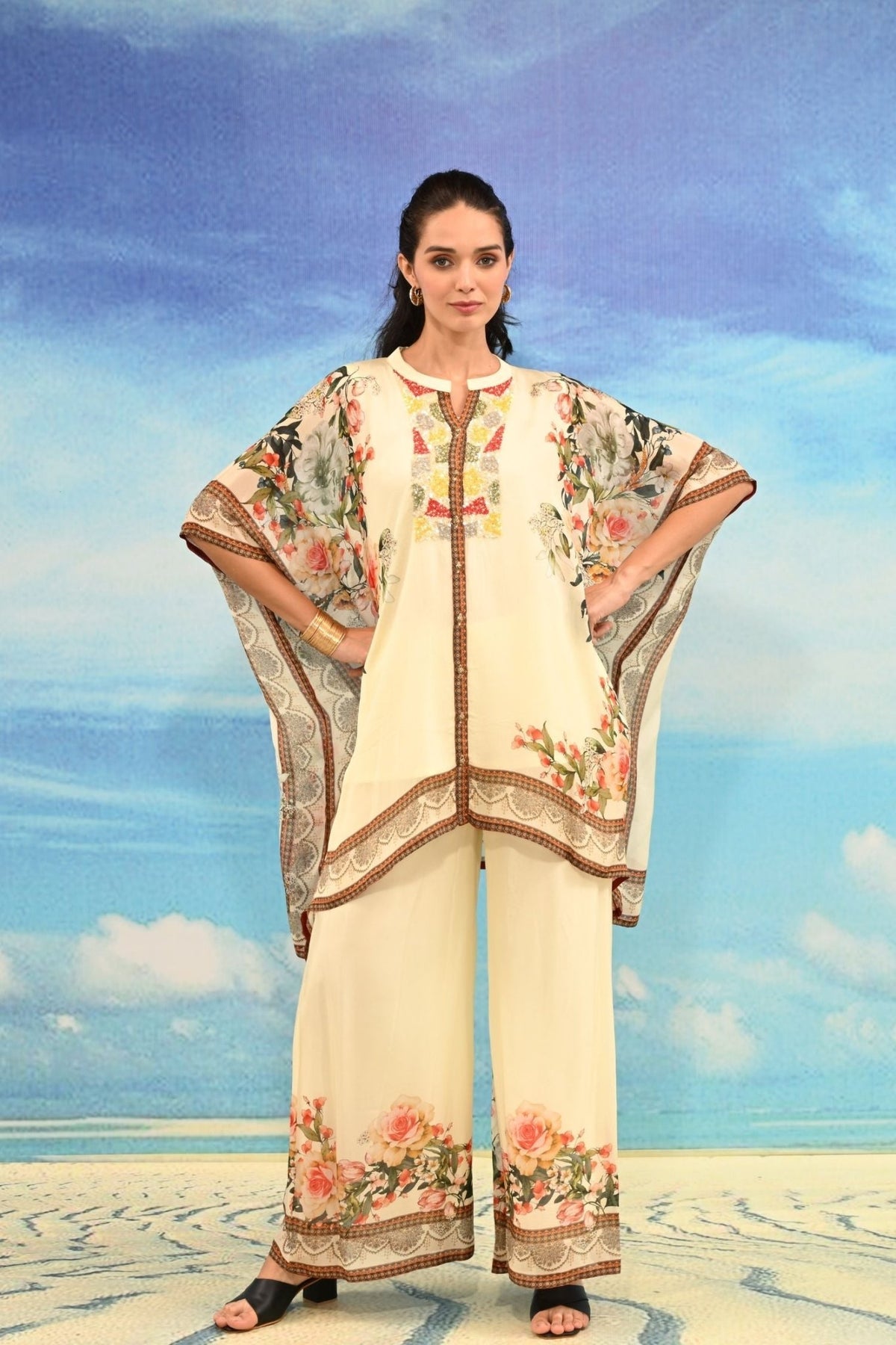 Beige Sharara-Style Two-Piece Cord Set with Detailed Embroidered Design - Freyaa USA & Canada
