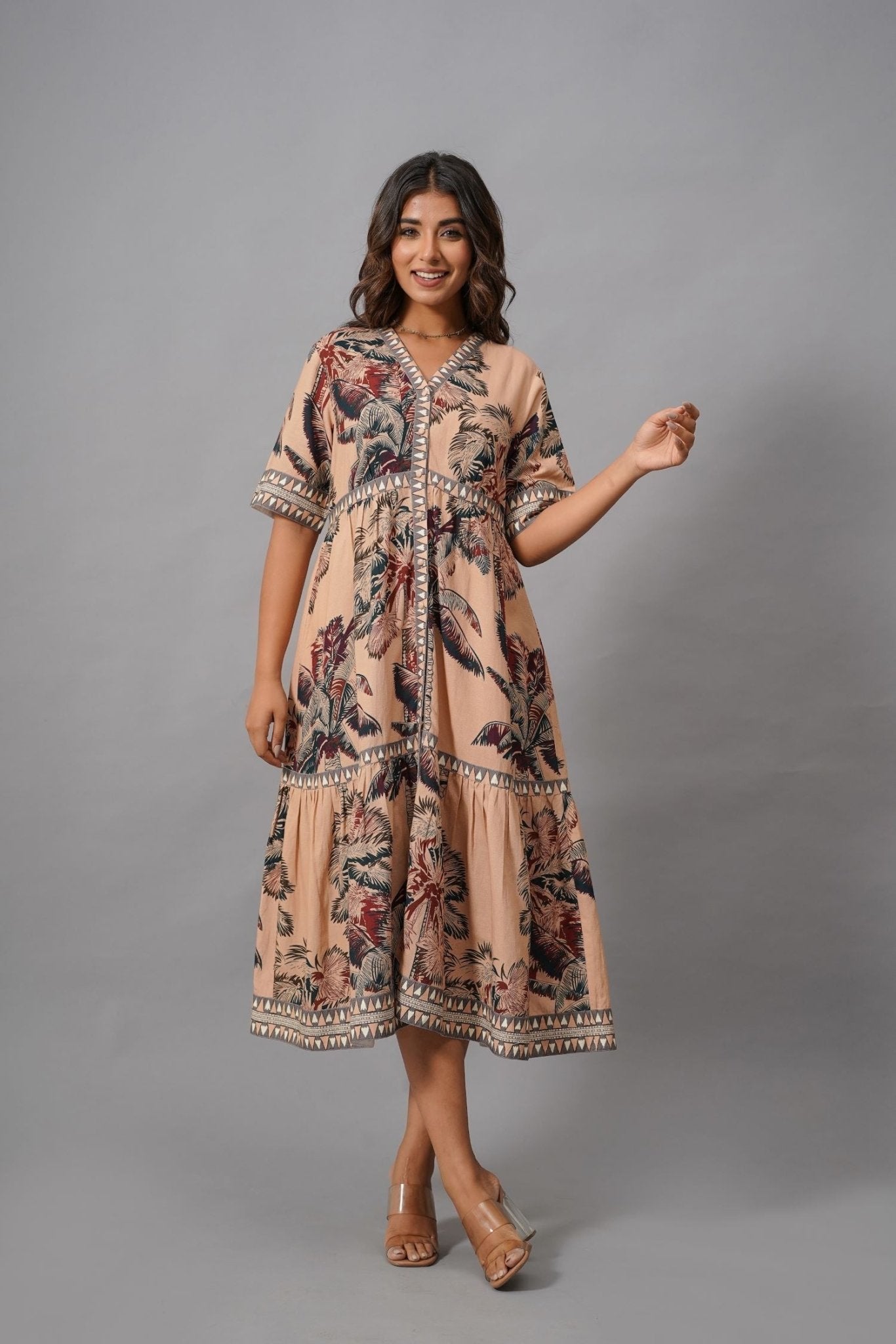 Peach Reverie Printed Midi Dress - Freyaa USA & Canada