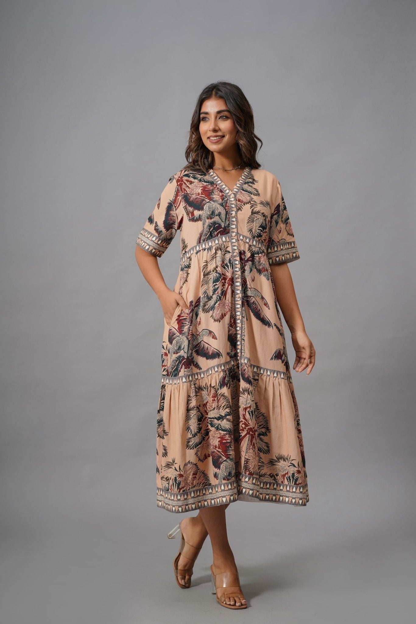 Peach Reverie Printed Midi Dress - Freyaa USA & Canada