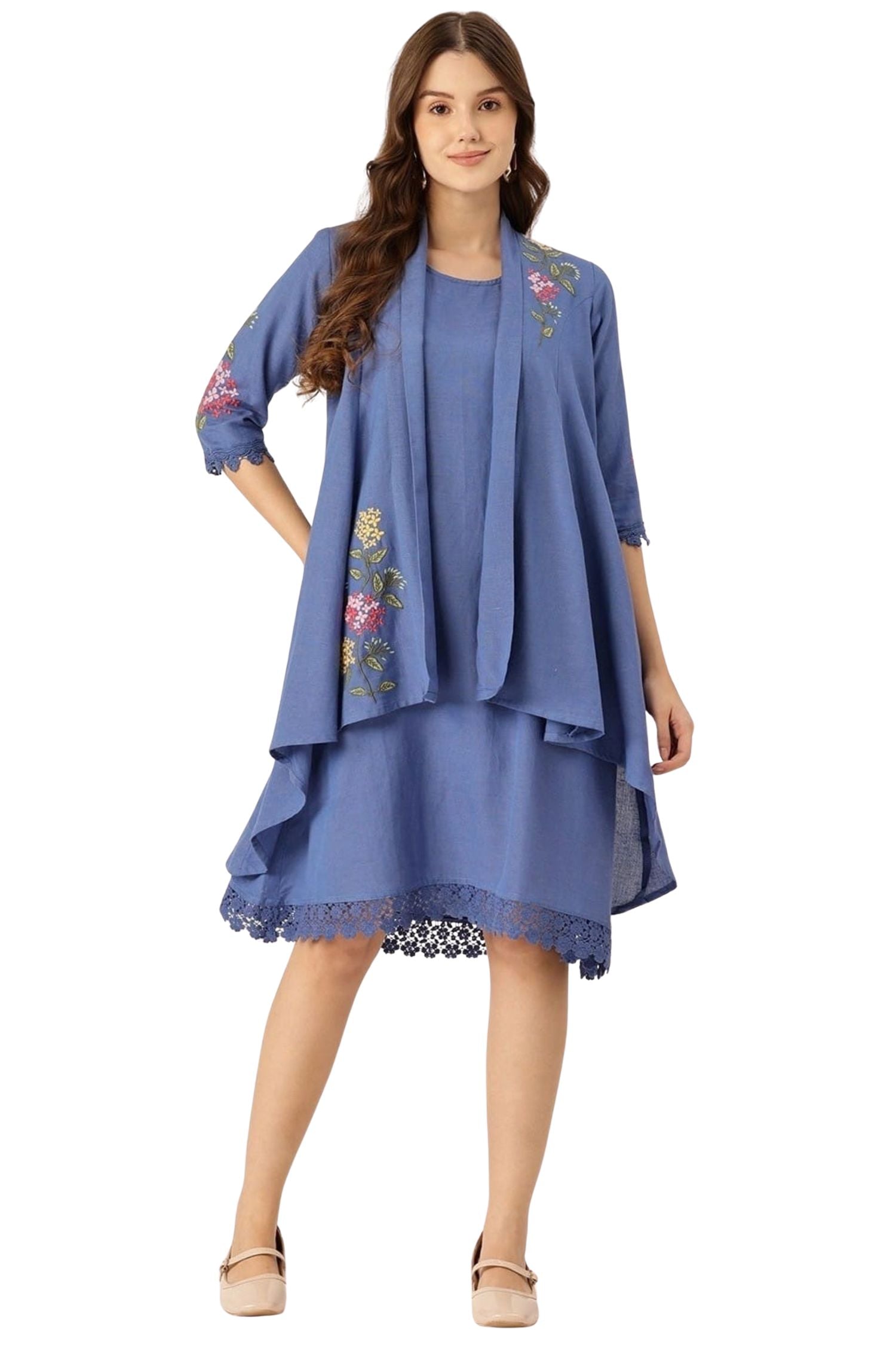 Blue Floral Layered Midi Dress