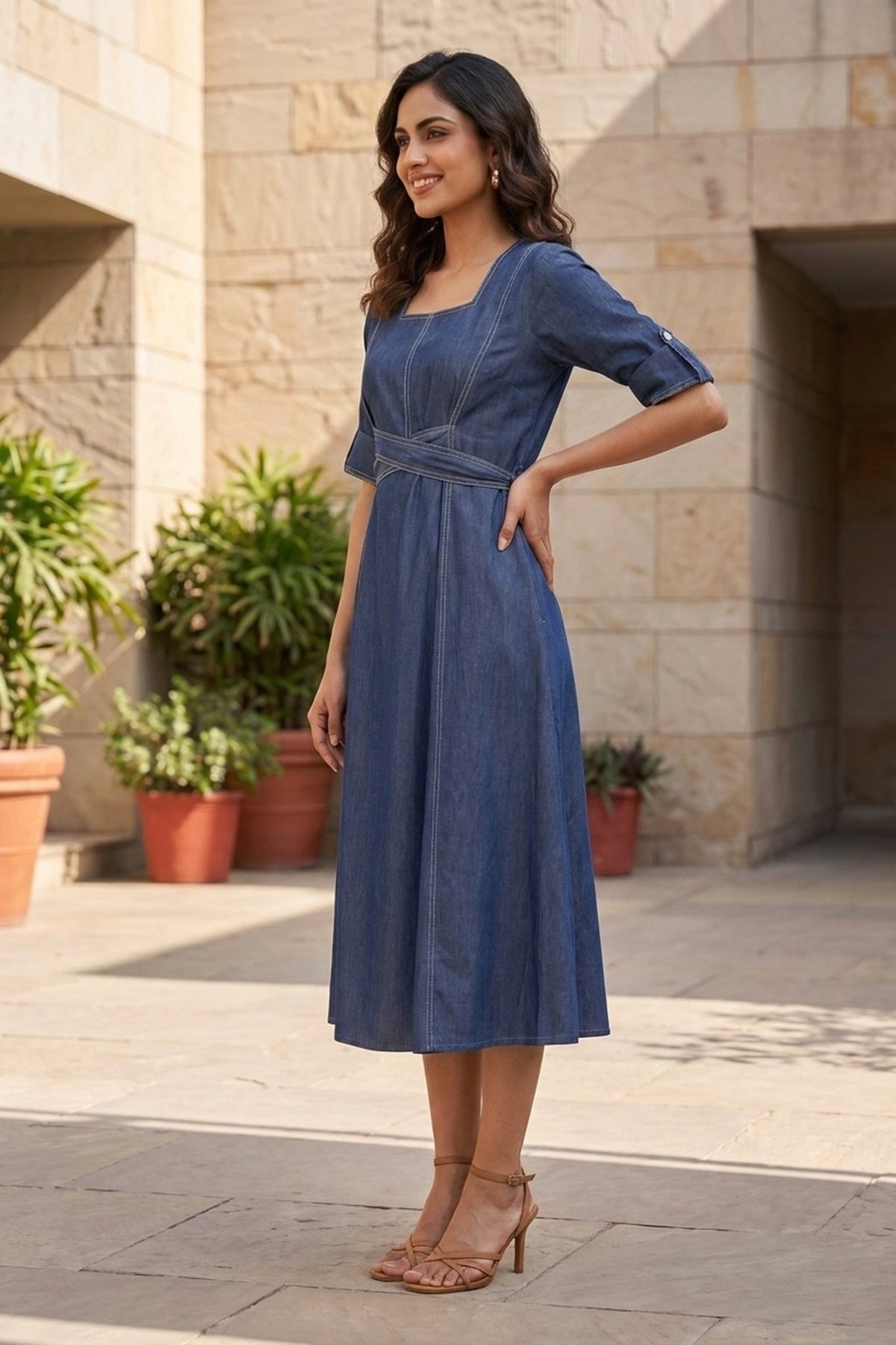 Indigo Blue Cotton Denim Long Dress - Freyaa