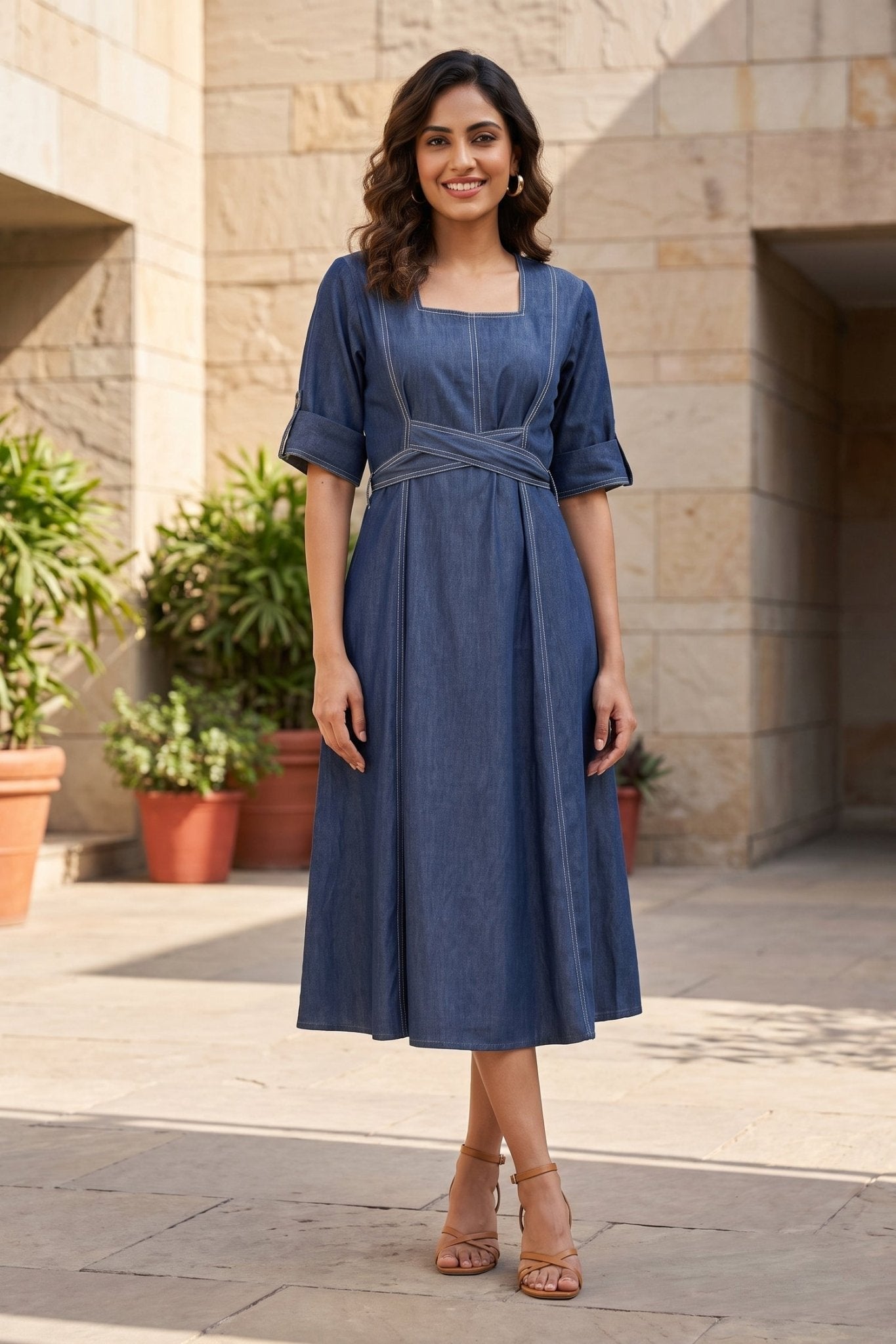 Indigo Blue Cotton Denim Long Dress - Freyaa USA & Canada