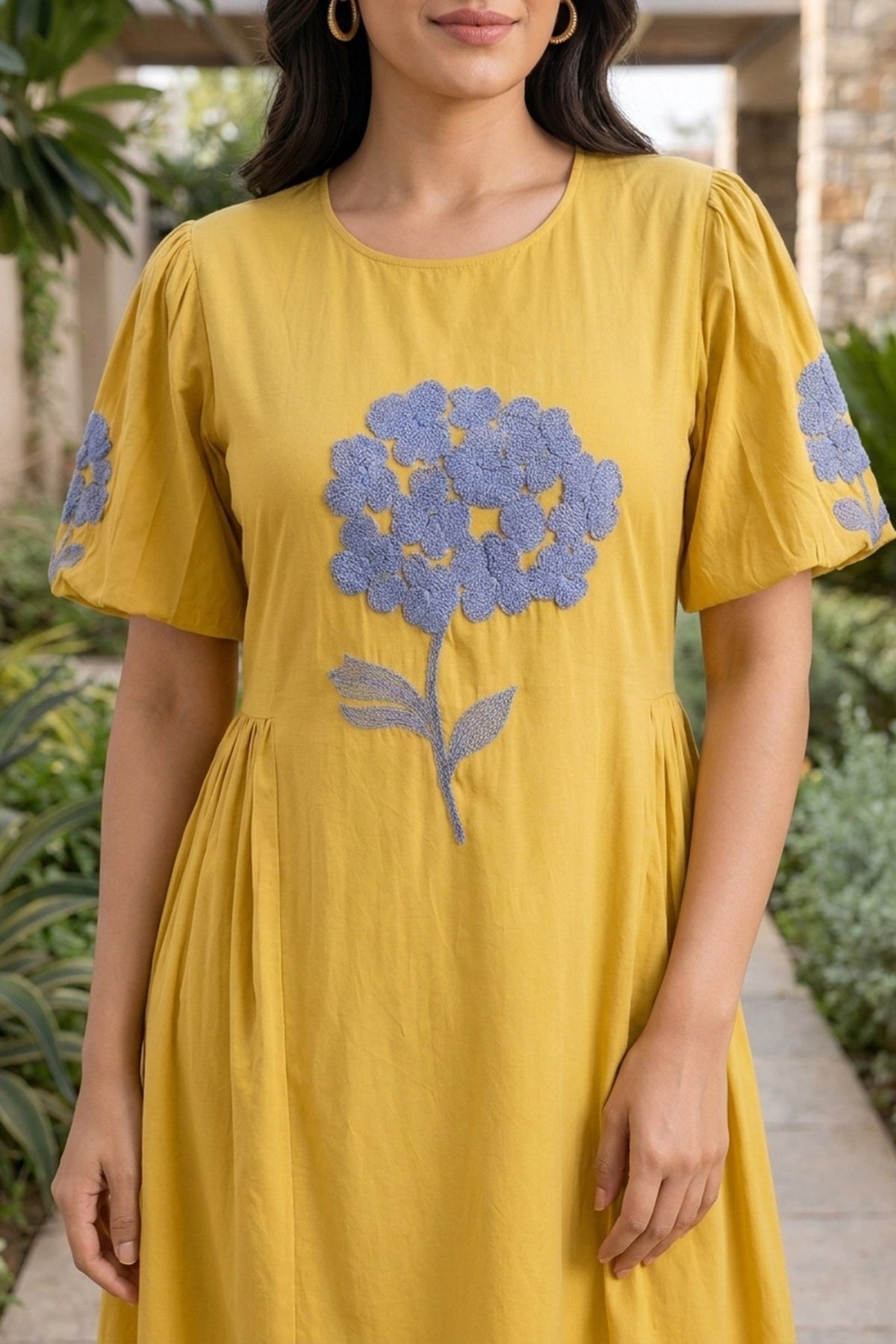 Sunshine Yellow Dress with Blue Floral Embroidery - Freyaa