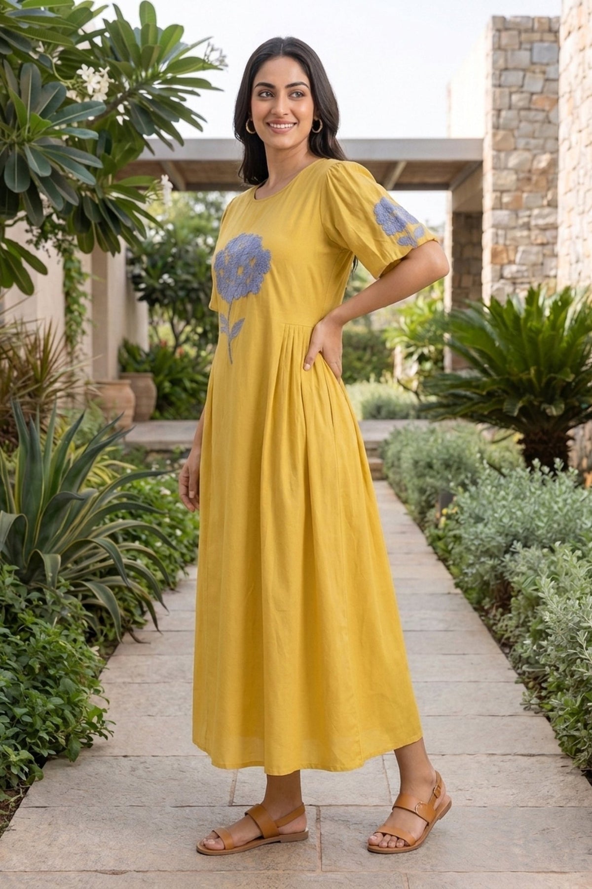Sunshine Yellow Dress with Blue Floral Embroidery - Freyaa