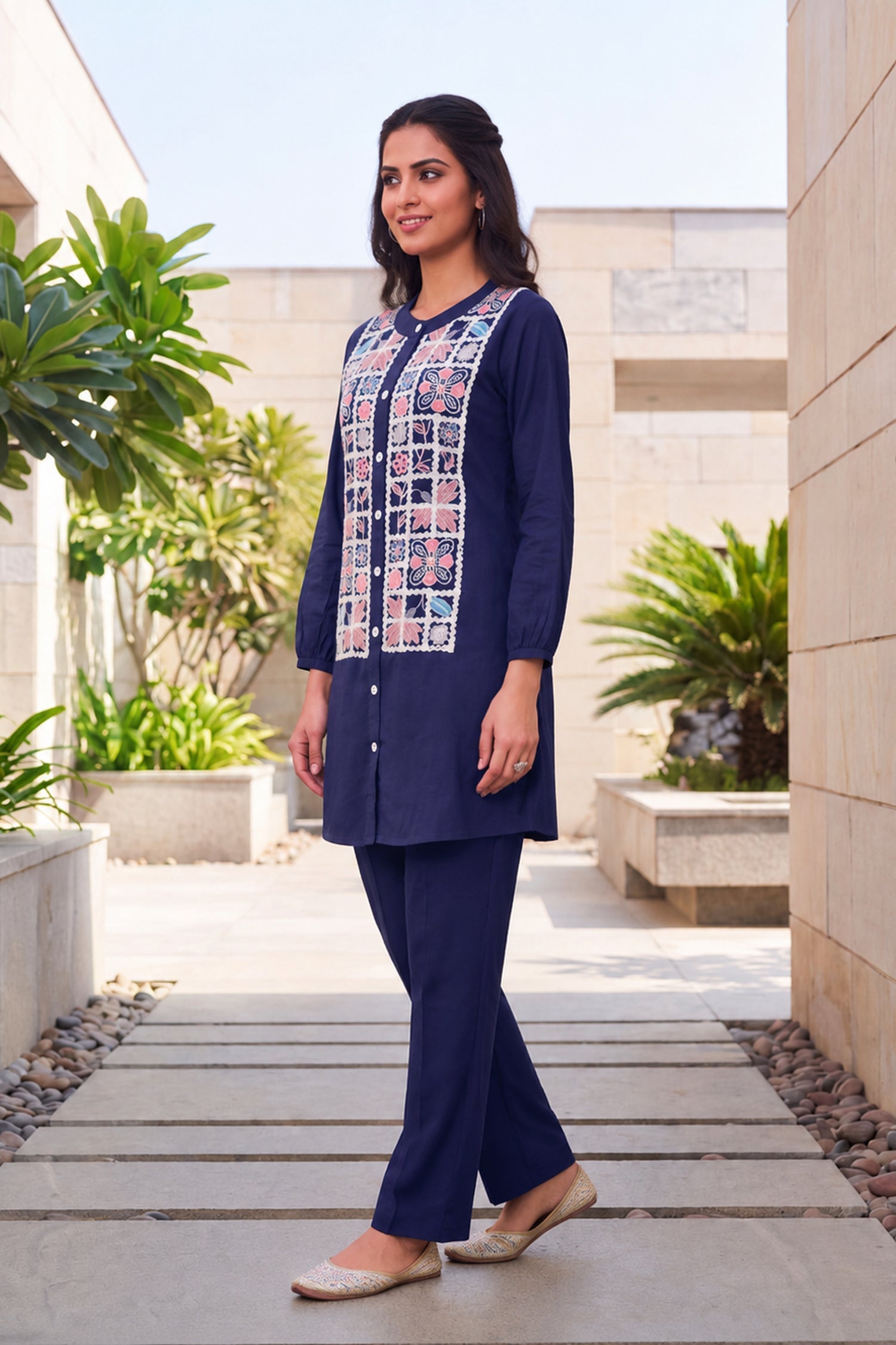 Navy Floral Embroidered CordSet